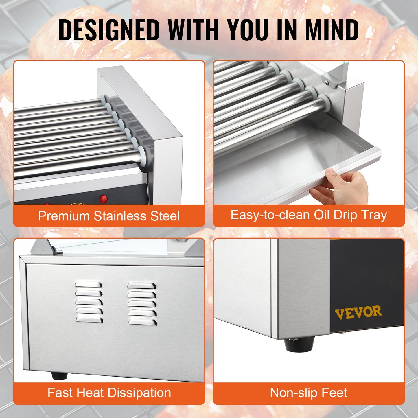 VEVOR Hot Dog Roller 7 Rollers 18 Hot Dogs Capacity 1050W Stainless Sausage Grill Cooker Machine with Dual Temp Control Glass Hood Acrylic Cover Bun Warmer Shelf Removable Oil Drip Tray, ETL Certified VEVOR