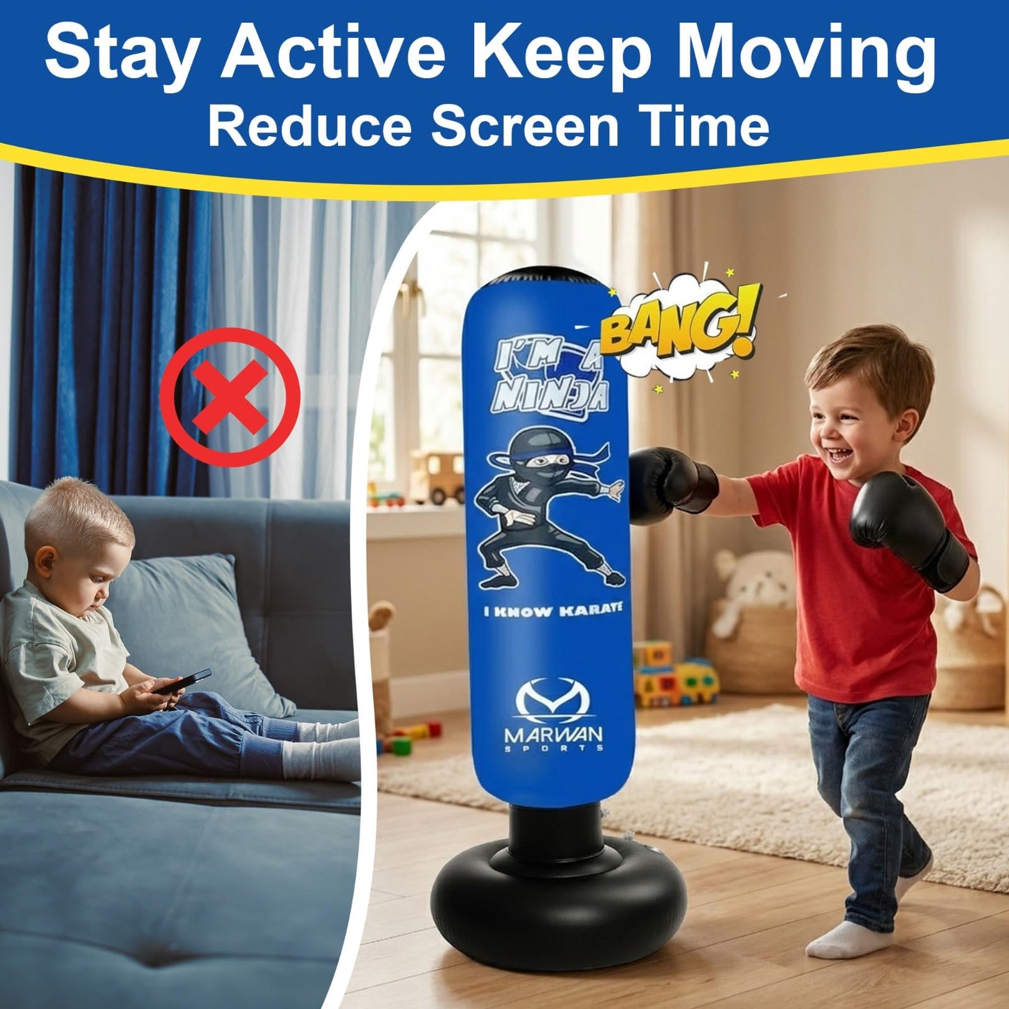 Marwan Sports Inflatable Punching Bag for Kids – 5-in-1 Birthday Set with Gloves, Pump & Fast Rebound – Fun Active Toy for Boys Ages 4-12 EBUYSTT