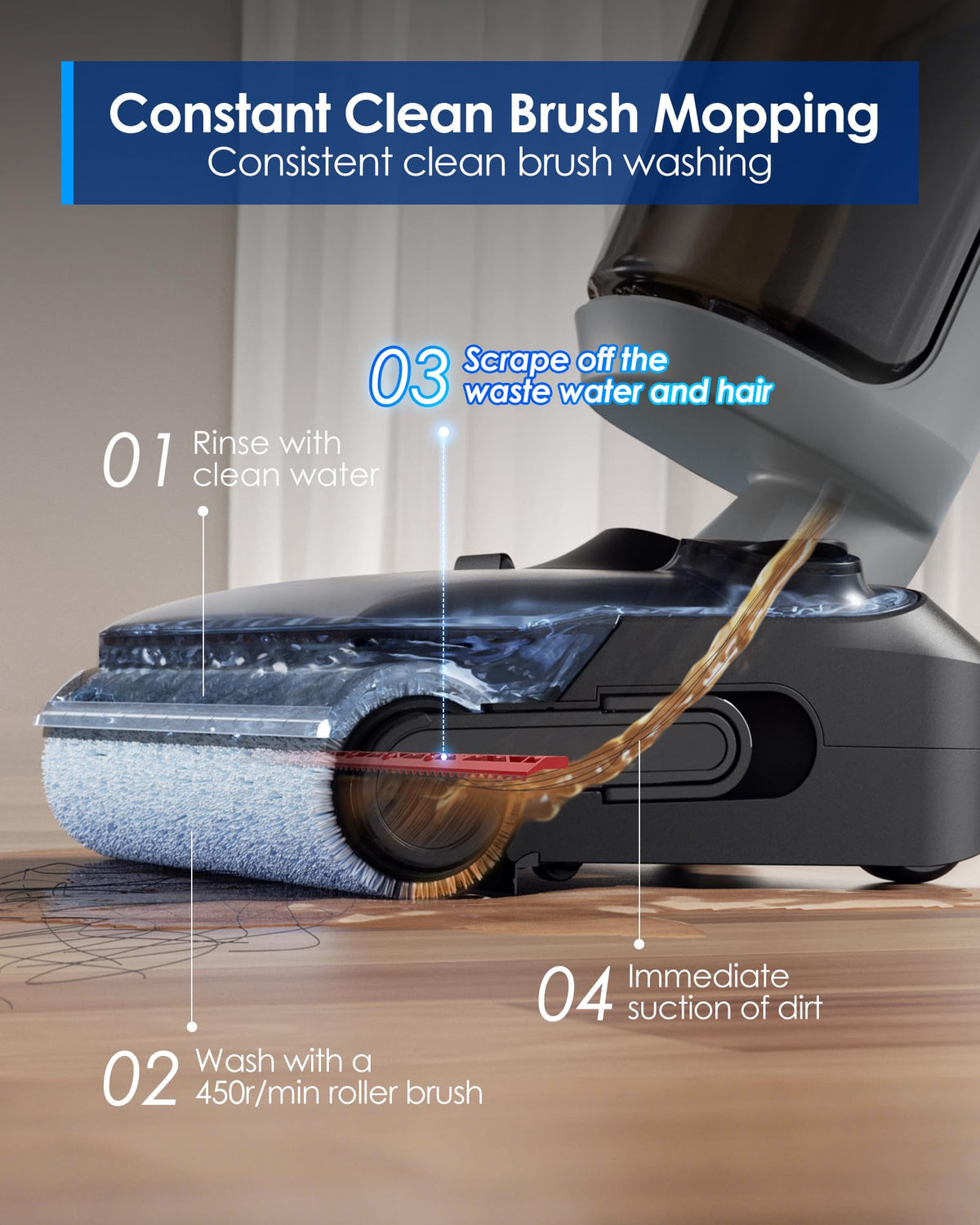 Tineco Floor ONE i5 Stretch Wet Dry Vacuum Cleaner, Vacuum & Mop in One Step, 20kpa Powerful Suction, 180° Lay-Flat Design, Anti-Tangle Design, Dual-Sided Edge Cleaning, Up to 30* Minutes Runtime Tineco