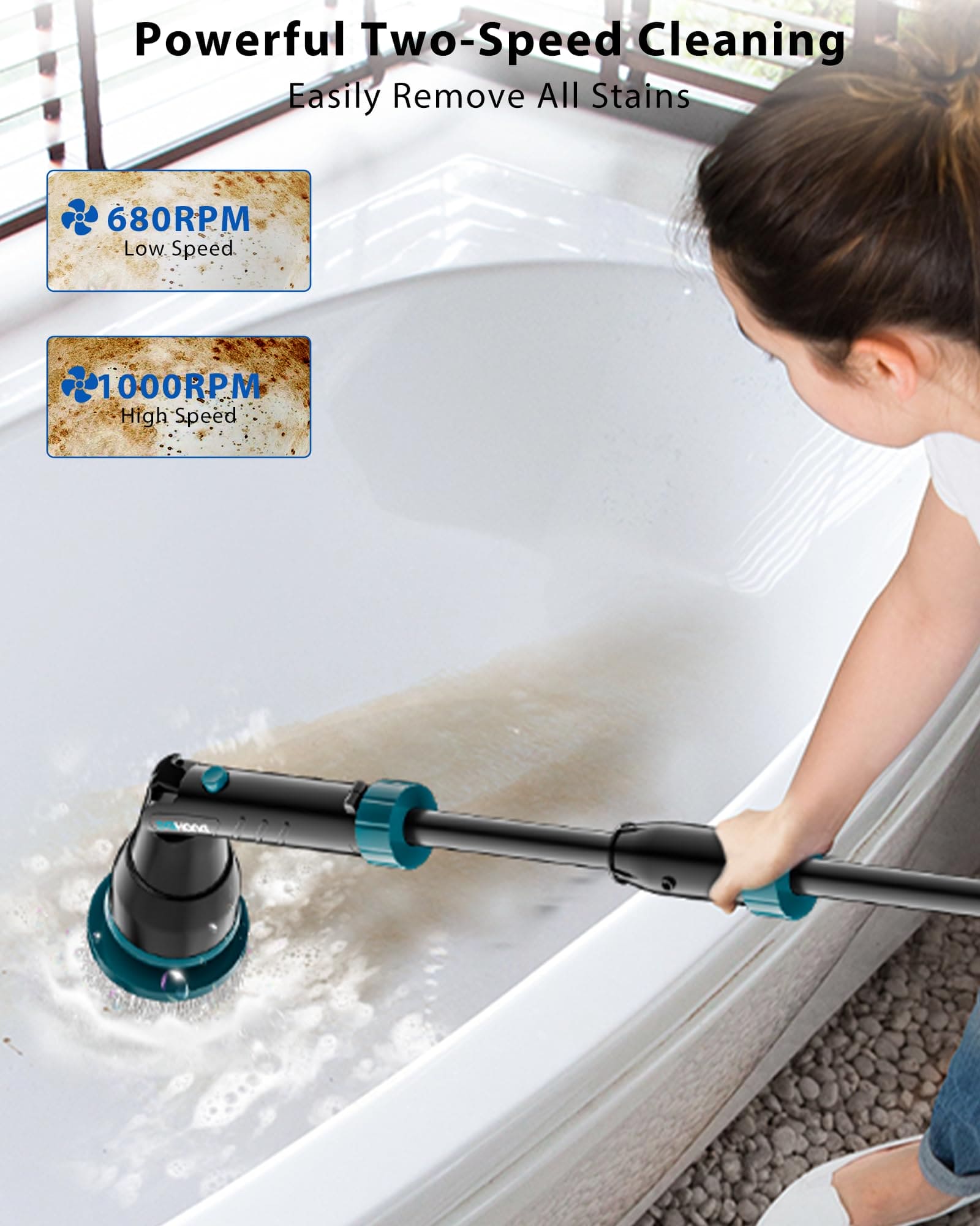 BEI & HONG Electric Spin Scrubber,1000RPM Cordless Shower Scrubber, 2.5H Power scrubber with Adjustable Extension Arm, 4 Replaceable Cleaning Heads, Electric Scrubber for Cleaning Bathroom & Tub-LXS-XDQ-001V BEI & HONG