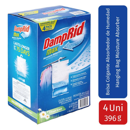 Damp Rid Moisture Reducer 4 Units / 453 g. Damp Rid Hanging Bags attract and trap excess moisture from the air, collecting water particles in a secure bag. -759191