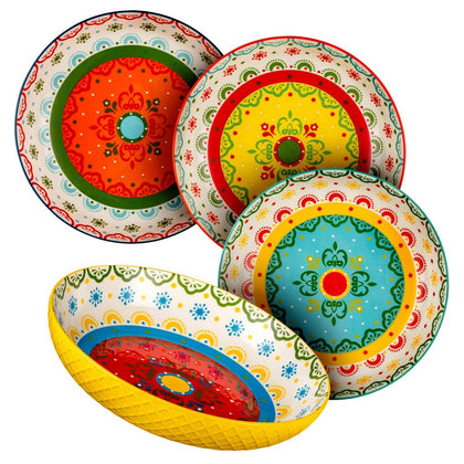 Signature Housewares Deep Stoneware Bowl Set of 4. These colorful and brightly patterned bowls are hand-decorated and finished with a glossy glaze, and have a texture that makes the shapes stand out in different ways.-472103