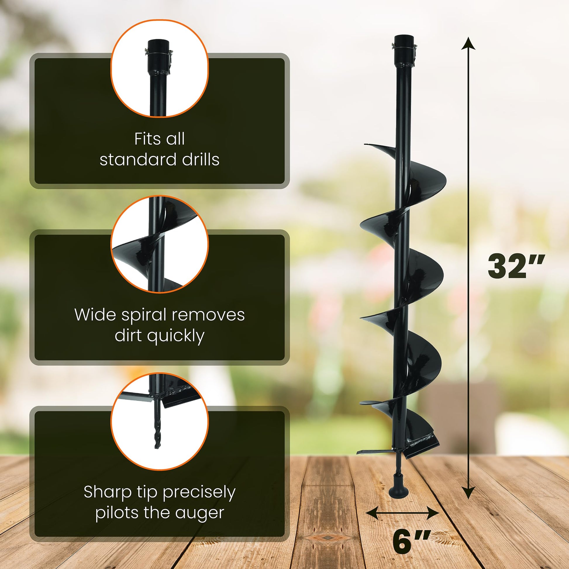Earth Auger - 6" Wide x 32" Deep - Electric Post Hole Digger - Handles - Hole Digger for Fence Posts MightyPhine