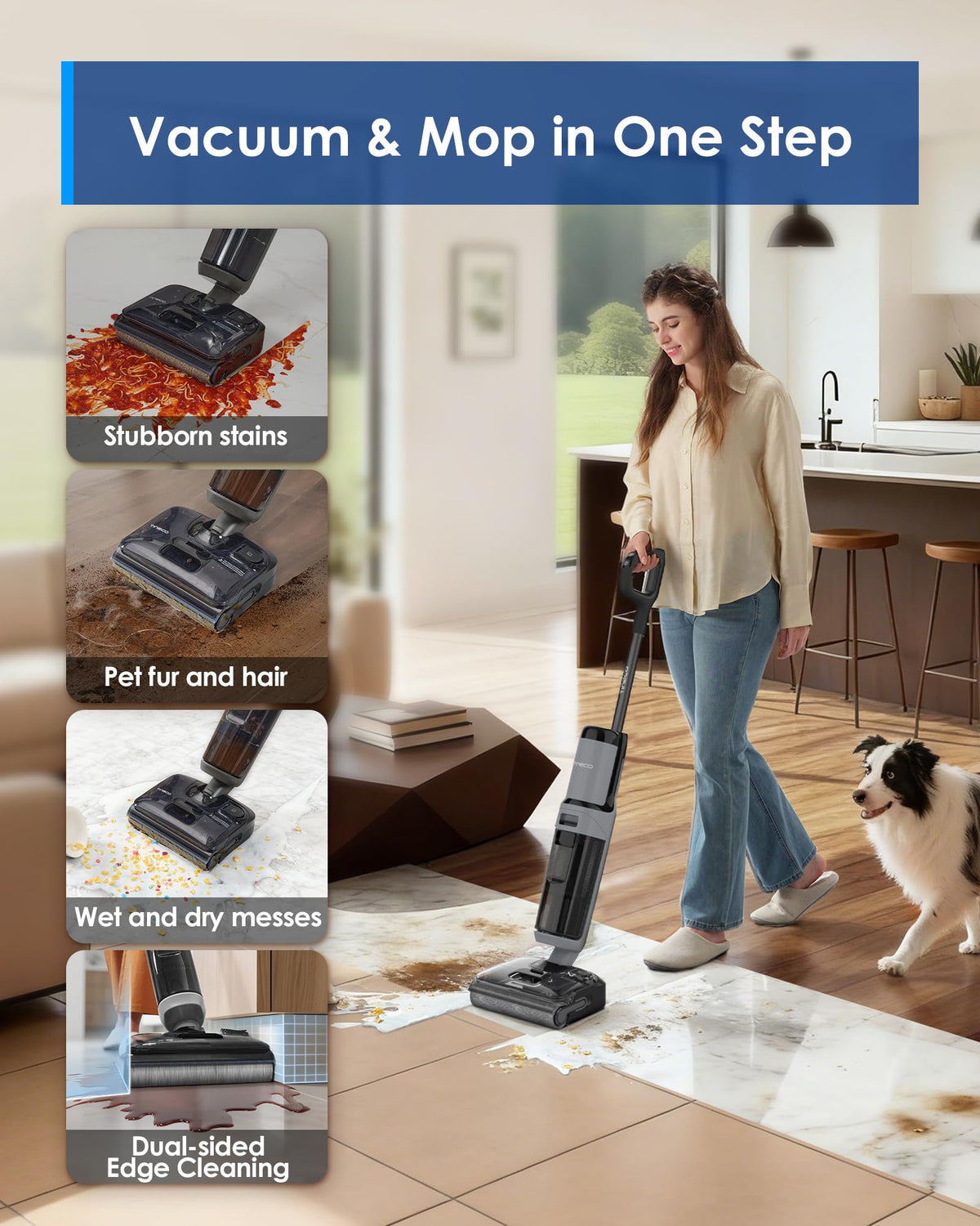 Tineco Floor ONE i5 Stretch Wet Dry Vacuum Cleaner, Vacuum & Mop in One Step, 20kpa Powerful Suction, 180° Lay-Flat Design, Anti-Tangle Design, Dual-Sided Edge Cleaning, Up to 30* Minutes Runtime Tineco