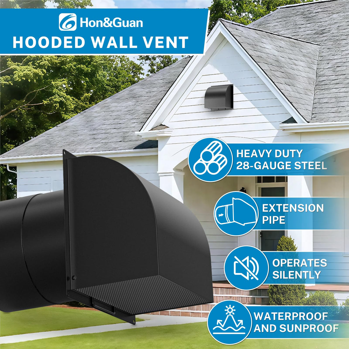 [Upgraded] Hon&Guan 6 Inch Hooded Wall Vent with Magnetic Seal Flap and Removable Mesh, Arc-Shaped 6'' Exhaust Vent Cover Cap for Kitchen Range Hood/Dryer/Bathroom Exhaust(Galvanized Steel, Black) Hon&Guan