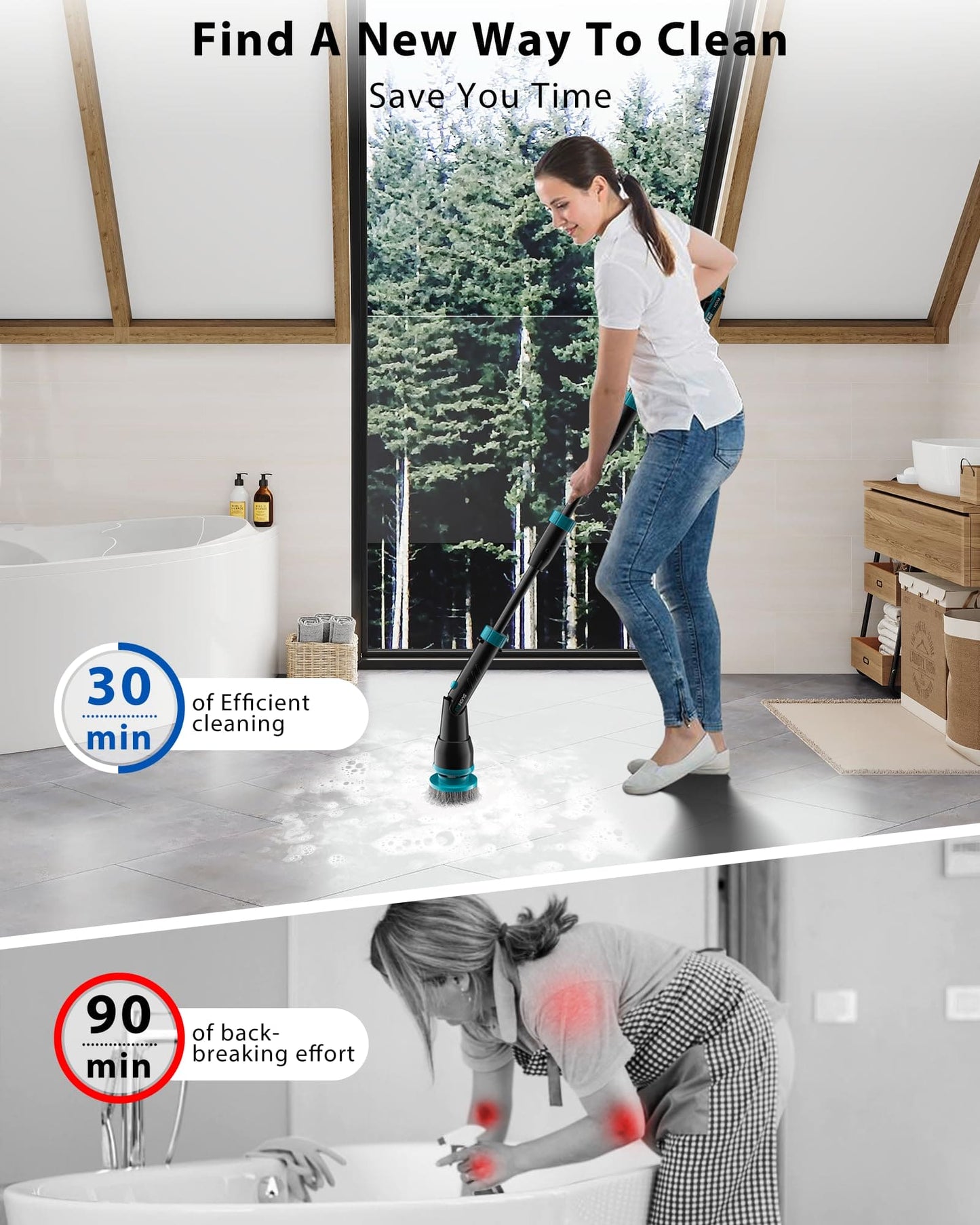 BEI & HONG Electric Spin Scrubber,1000RPM Cordless Shower Scrubber, 2.5H Power scrubber with Adjustable Extension Arm, 4 Replaceable Cleaning Heads, Electric Scrubber for Cleaning Bathroom & Tub-LXS-XDQ-001V BEI & HONG