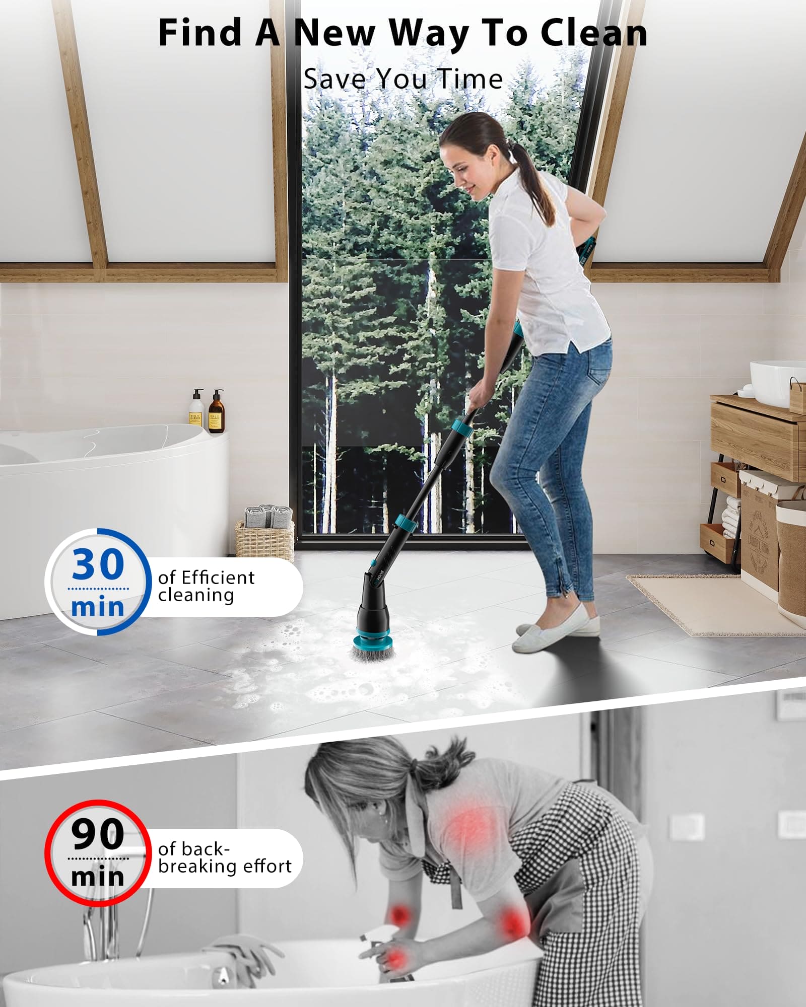 BEI & HONG Electric Spin Scrubber,1000RPM Cordless Shower Scrubber, 2.5H Power scrubber with Adjustable Extension Arm, 4 Replaceable Cleaning Heads, Electric Scrubber for Cleaning Bathroom & Tub-LXS-XDQ-001V BEI & HONG