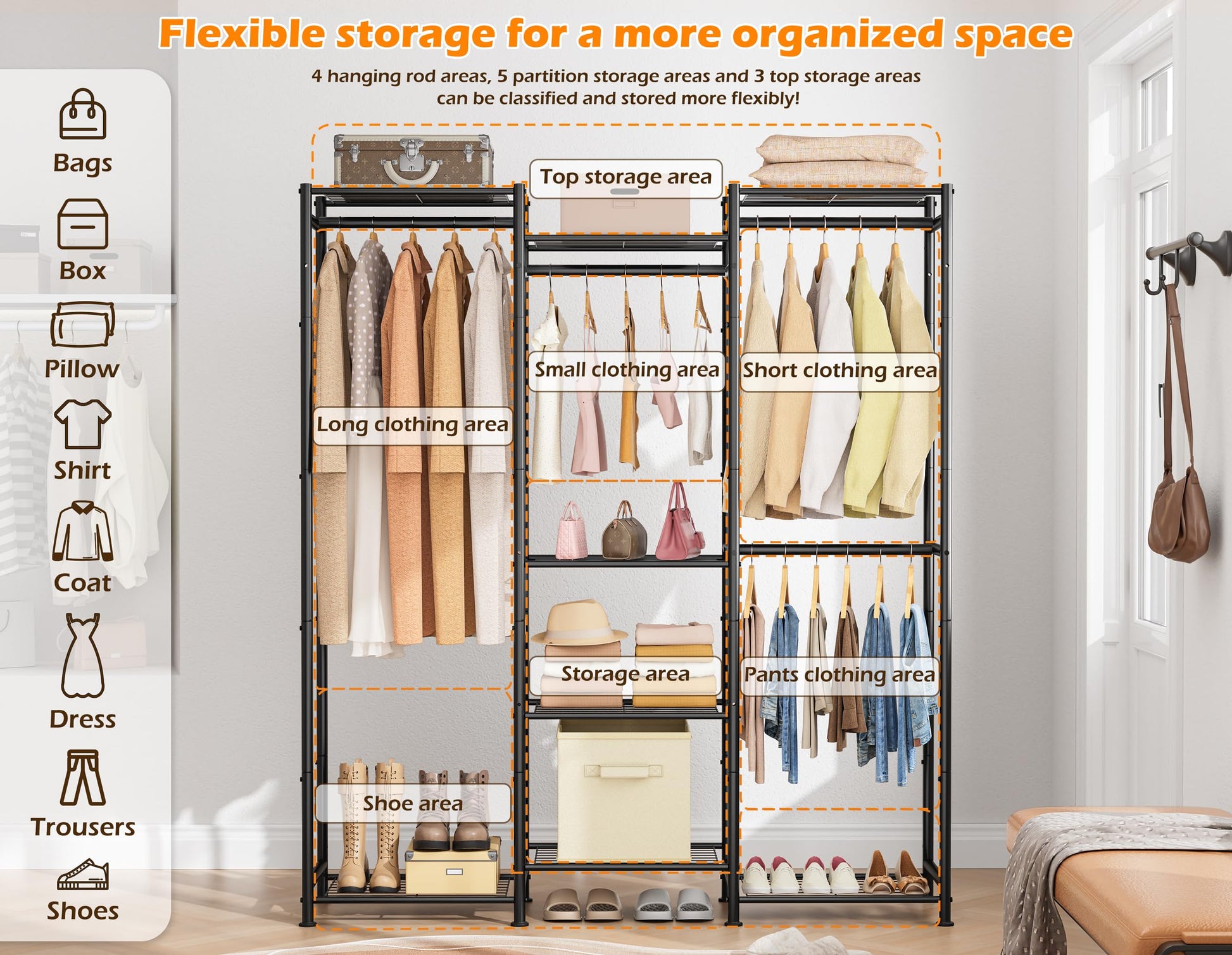 HOMIDEC Wardrobe Closet, 4 Hanging Spaces Portable Clothes Rack,Free Standing Closet Organizer and Storage System with Hanging Rods,Clothing Rack Suitable for Cloakroom,Bedroom,Entrances,etc.Black HOMIDEC