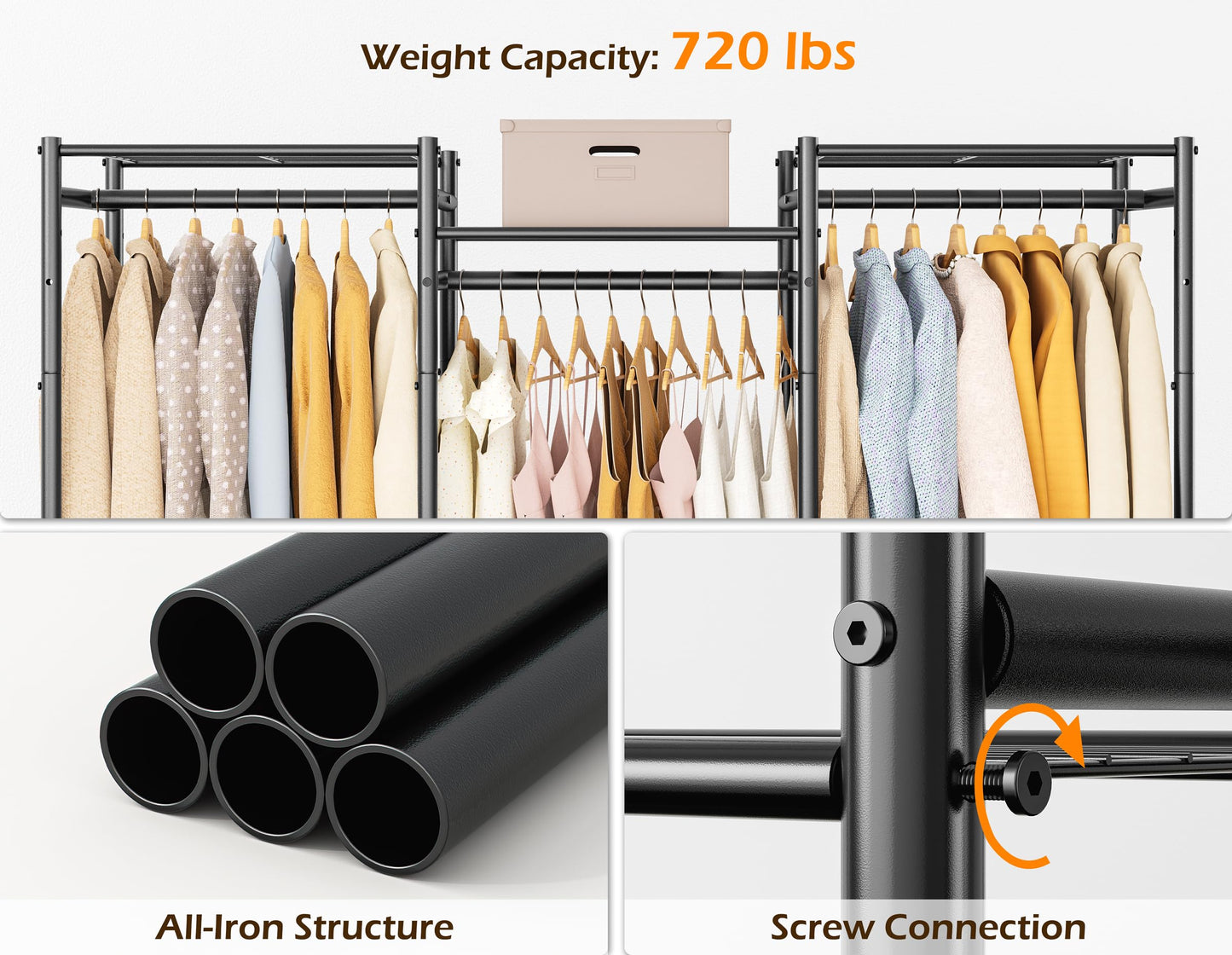 HOMIDEC Wardrobe Closet, 4 Hanging Spaces Portable Clothes Rack,Free Standing Closet Organizer and Storage System with Hanging Rods,Clothing Rack Suitable for Cloakroom,Bedroom,Entrances,etc.Black HOMIDEC
