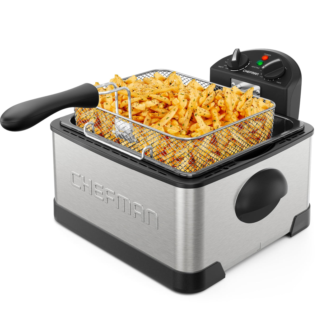 Chefman 4.5 Liter Deep Fryer w/Basket Strainer, XL Jumbo Size, Adjustable Temperature & Timer, Perfect for Fried Chicken, Shrimp, French Fries, Chips & More, Removable Oil-Container, Stainless Steel Chefman