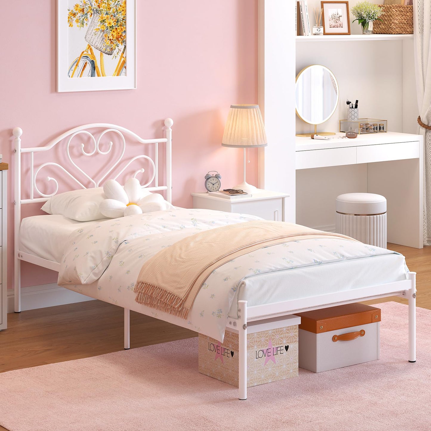 Weehom Twin Bed Frames with Headboard, Heavy Duty Metal Platform Under Bed Storage Space Easy Assembly for Kids Girls Adults White