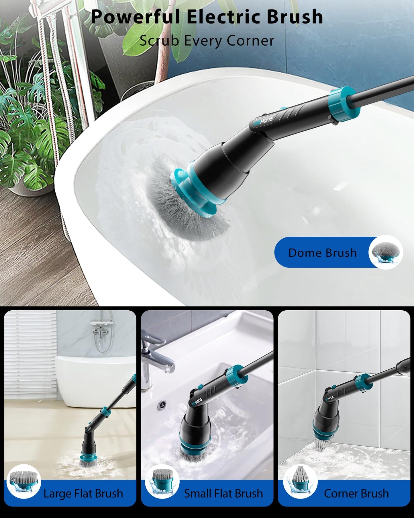 BEI & HONG Electric Spin Scrubber,1000RPM Cordless Shower Scrubber, 2.5H Power scrubber with Adjustable Extension Arm, 4 Replaceable Cleaning Heads, Electric Scrubber for Cleaning Bathroom & Tub-LXS-XDQ-001V BEI & HONG