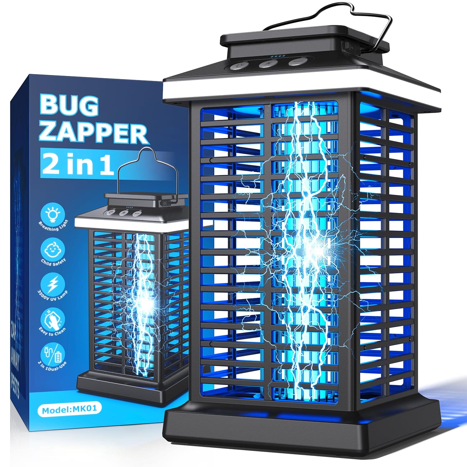 Bug Zapper Outdoor, Mosquito Zapper 2 in 1 Portable & Rechargeable Bug Zapper Outdoor with 4000mAh Battery & LED Night Light, 4000V Electric Fly Zapper for Outside,Patio,Backyard,Garden KOOSA