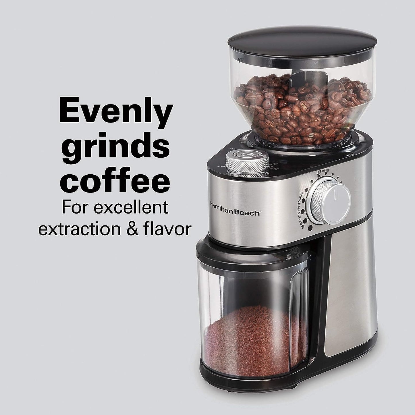 Hamilton Beach Electric Burr Coffee Grinder - Offers 18 grind settings from extra-fine to coarse with adjustable quantities from 2 to 14 cups of coffee. The large hopper holds 2 cups of whole coffee beans - 80385 Argos Distributors