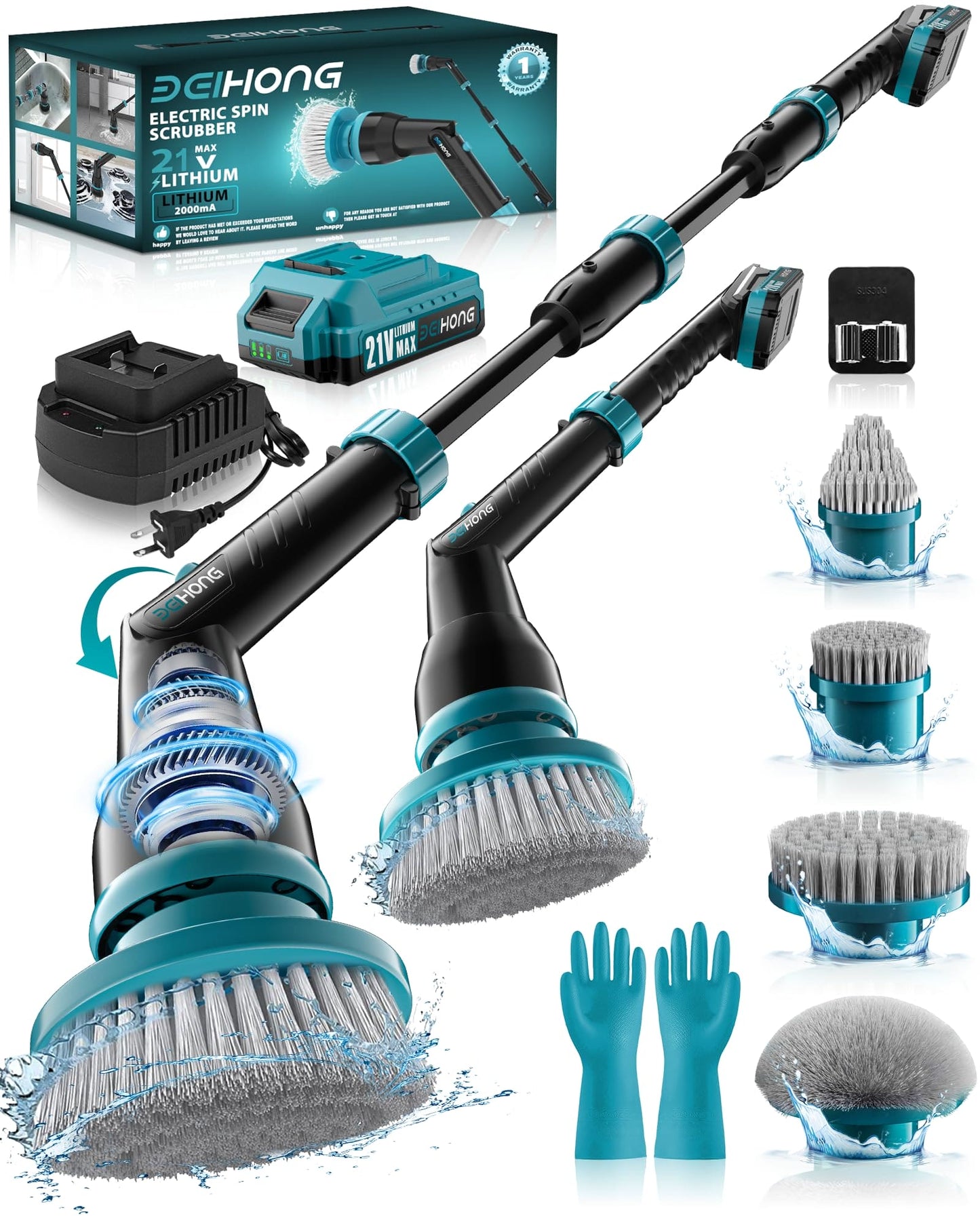 BEI & HONG Electric Spin Scrubber,1000RPM Cordless Shower Scrubber, 2.5H Power scrubber with Adjustable Extension Arm, 4 Replaceable Cleaning Heads, Electric Scrubber for Cleaning Bathroom & Tub-LXS-XDQ-001V BEI & HONG
