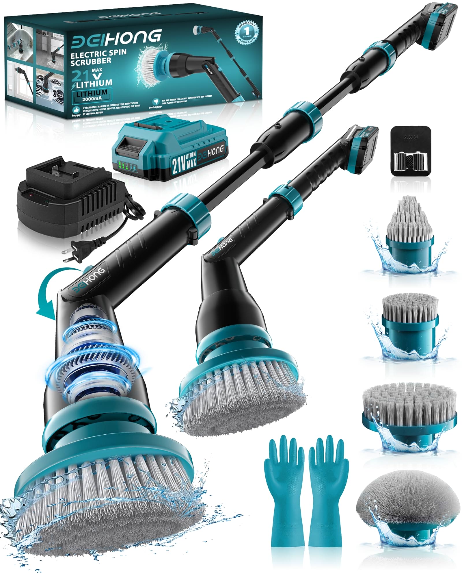 BEI & HONG Electric Spin Scrubber,1000RPM Cordless Shower Scrubber, 2.5H Power scrubber with Adjustable Extension Arm, 4 Replaceable Cleaning Heads, Electric Scrubber for Cleaning Bathroom & Tub-LXS-XDQ-001V BEI & HONG