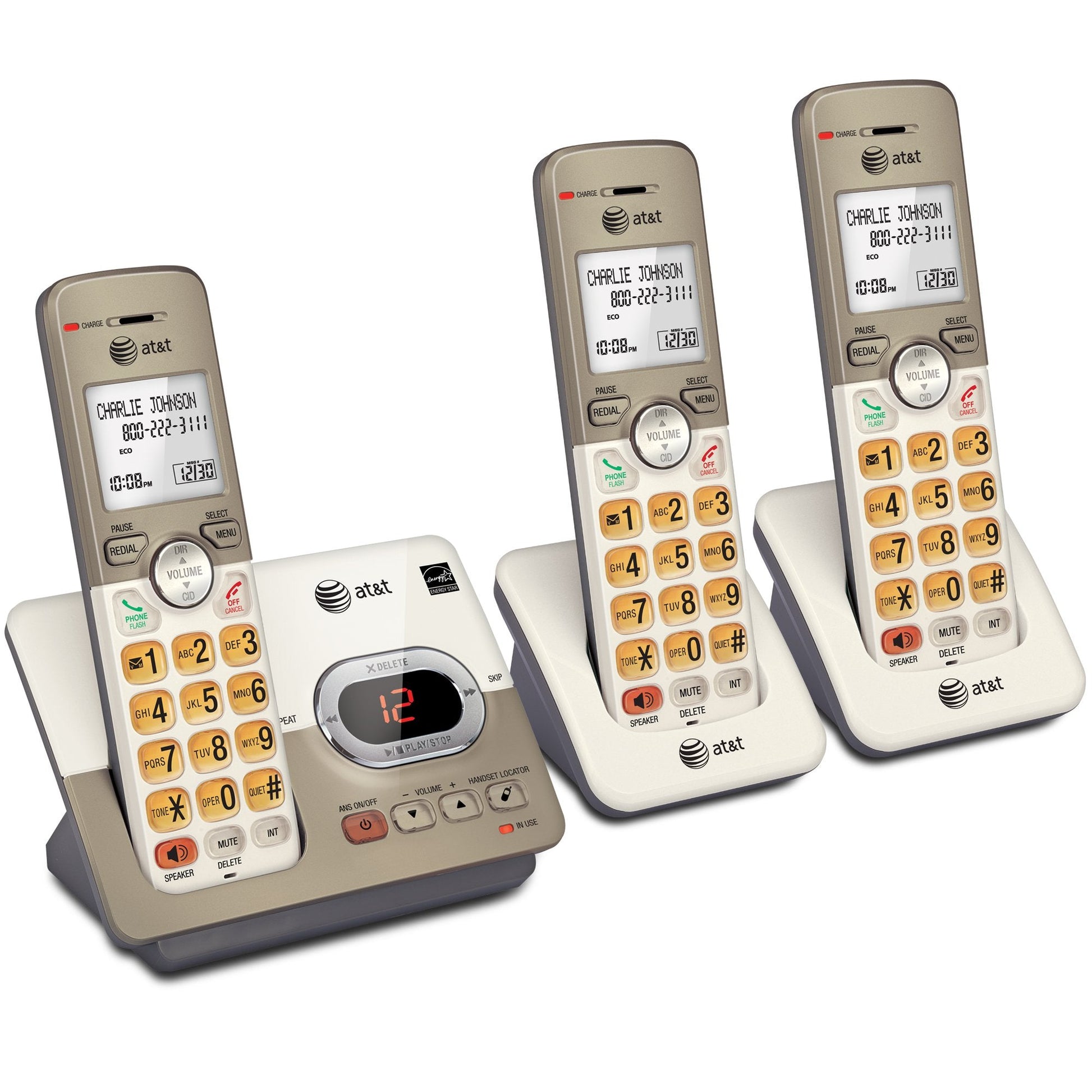 AT&T EL52313 3-Handset Cordless Phone with Answering System & Extra-large Backlit Keys, Light champagne, 3 Handsets AT&T