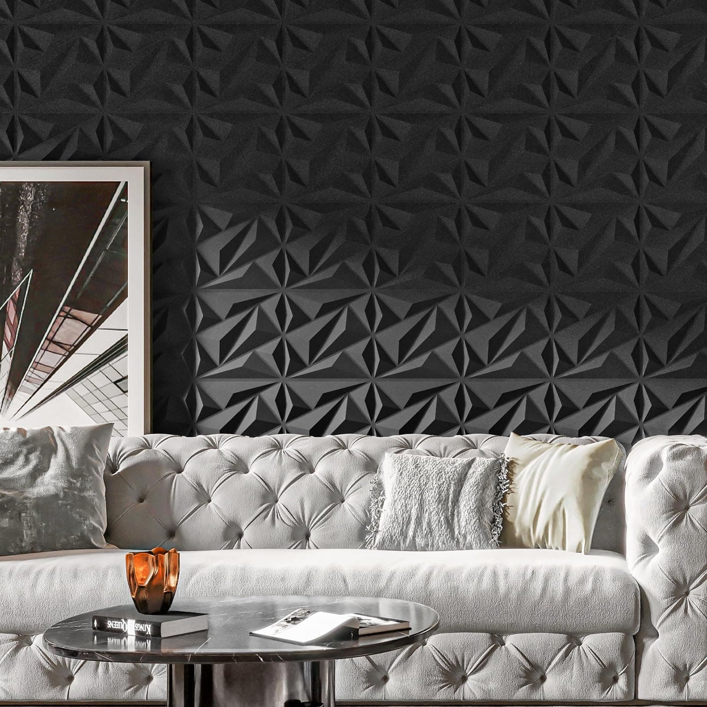 Art3dwallpanels 33 Pack 3D Wall Panel Diamond for Interior Wall Décor, PVC Flower Textured Wall Panels for Living Room Lobby Bedroom Hotel Office, Black, 12''x12'' Cover 32.Sq.Ft. Art3dwallpanels