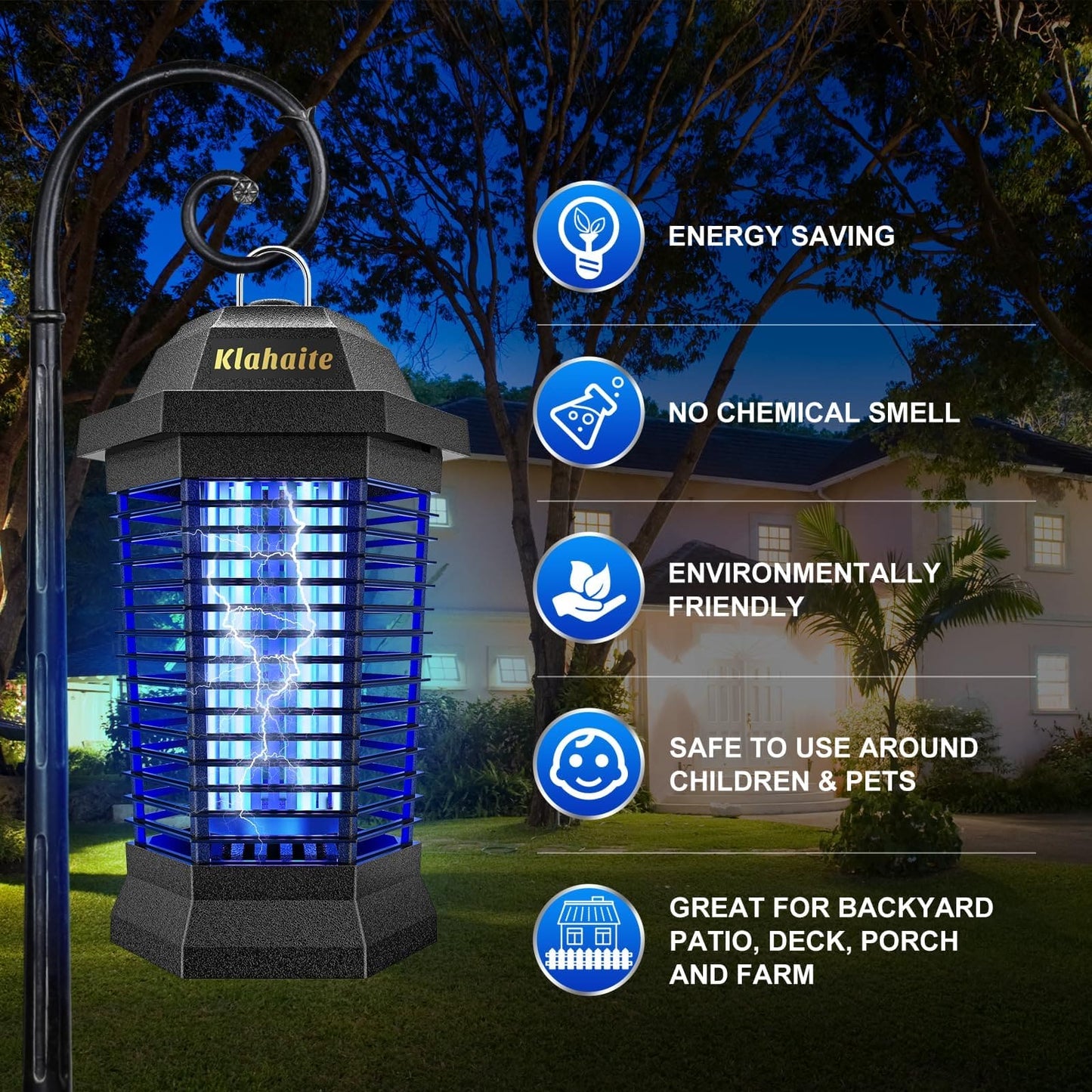 Klahaite Bug Zapper Outdoor, Mosquito Zapper, Fly Traps Fly Zapper,Mosquito Repellent Outdoor Patio and Backyard Covers 1/2 Acre, 4200V Powerful Grid, ABS Fireproof Plastic Outer Klahaite