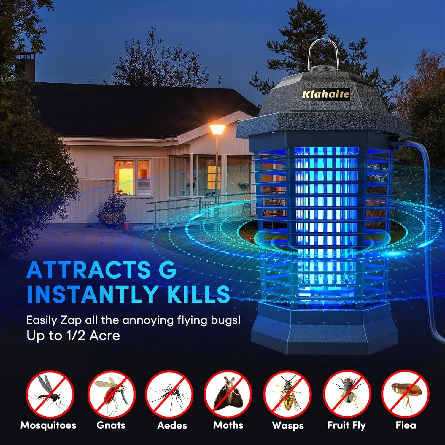 Klahaite Bug Zapper Outdoor, Mosquito Zapper, Fly Traps Fly Zapper,Mosquito Repellent Outdoor Patio and Backyard Covers 1/2 Acre, 4200V Powerful Grid, ABS Fireproof Plastic Outer Klahaite