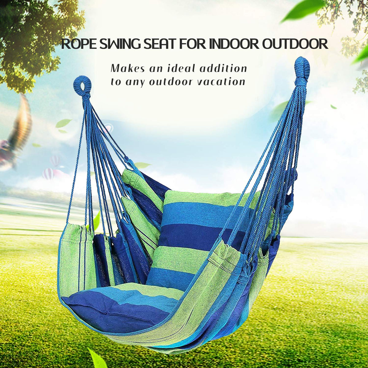 Hommtina Hammock Chair Hanging Rope Swing, Max 300 Lbs Hanging Chair with Pocket & Durability Perfect for Outdoor, Home, Bedroom, Patio, Yard (Pillows NOT Included,Green) Hommtina