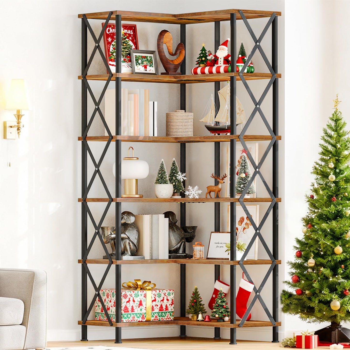HOOBRO Corner Bookshelf, 6-Tier L-Shaped Bookcase, Industrial Open Display Shelf Tall Storage Organizer, Vertical Storage Rack, for Living Room, Home Office, Rustic Brown and Black BF61SJ01 HOOBRO