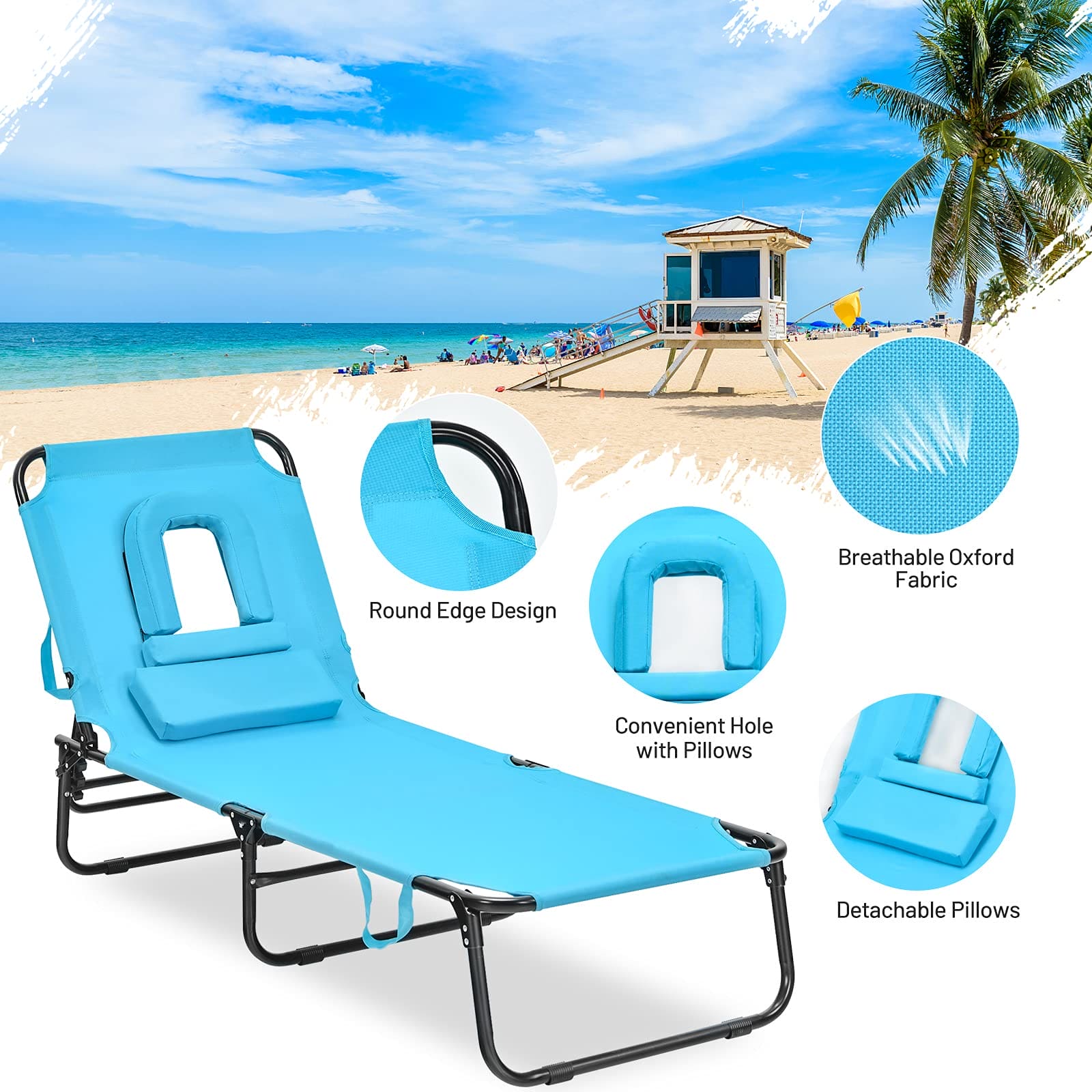 Giantex Outdoor Chaise Lounge Chair - Folding Beach Chair with 5 Adjustable Positions, Hole, Detachable Pillow, Hand Ropes, Lounger for Sunbathing, Poolside, Yard, Patio Lawn Chair ebuys