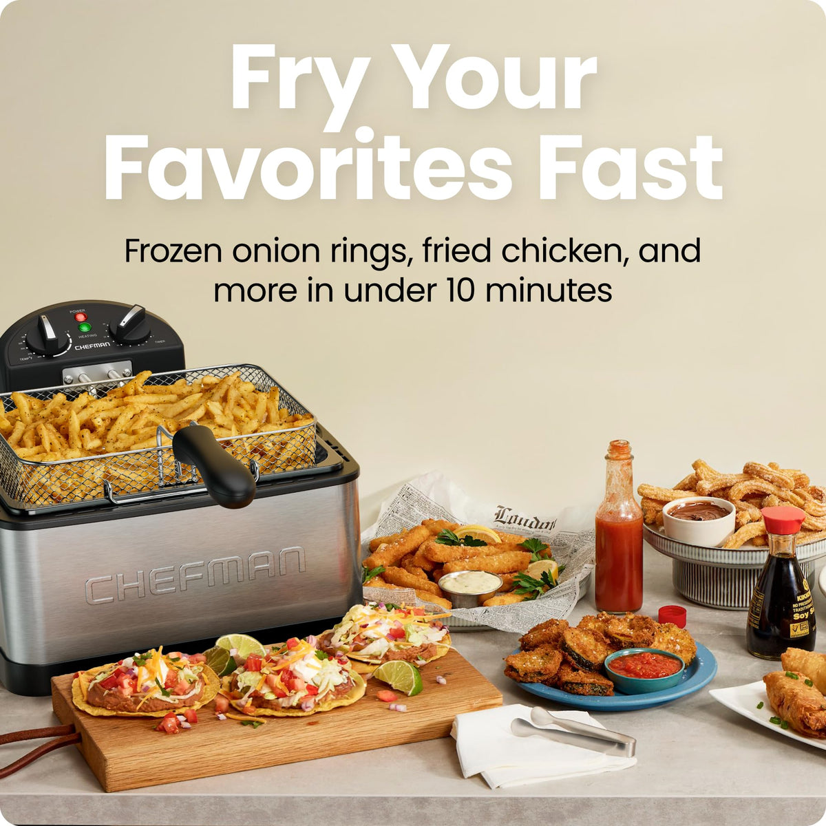 Chefman 4.5 Liter Deep Fryer w/Basket Strainer, XL Jumbo Size, Adjustable Temperature & Timer, Perfect for Fried Chicken, Shrimp, French Fries, Chips & More, Removable Oil-Container, Stainless Steel Chefman