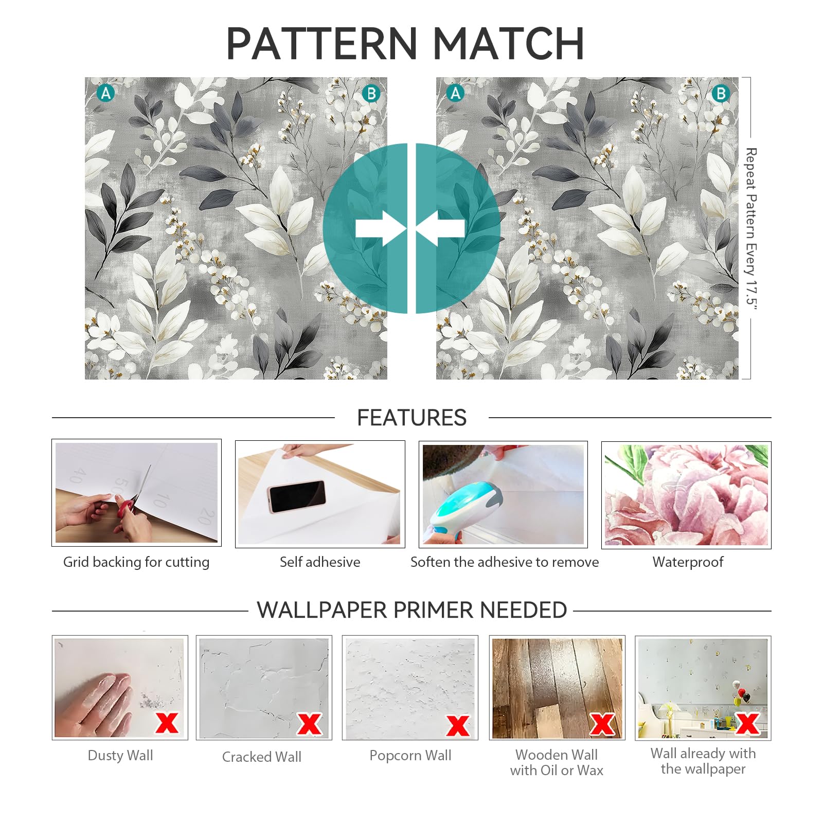 HelloWall Grey Botanical Wallpaper Peel and Stick Modern Farmhouse Wallpaper Gray Leaf French Grey White Flower Botanical Nature Minimalist Floral Watercolor Leaf Contact Paper Self Adhesive 17.5x80 HelloWall