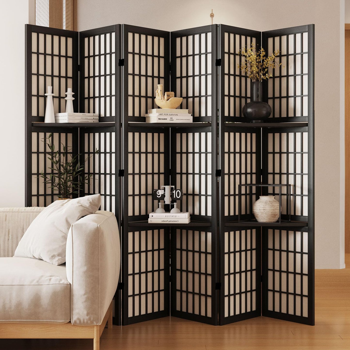 Room Divider with Shelves, 66.9-Inch Tall Japanese Shoji Style Wood Screen with Double Hinges for Home Office Decoration (6 Panels, Black) Svimi