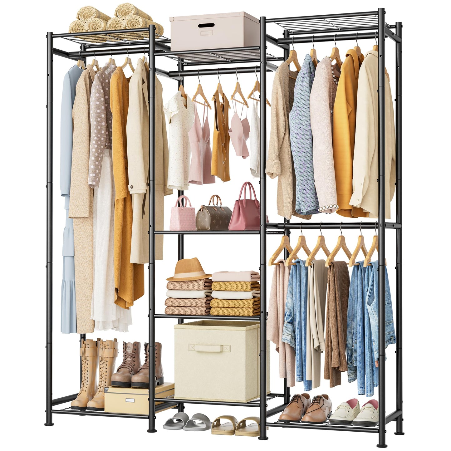 HOMIDEC Wardrobe Closet, 4 Hanging Spaces Portable Clothes Rack,Free Standing Closet Organizer and Storage System with Hanging Rods,Clothing Rack Suitable for Cloakroom,Bedroom,Entrances,etc.Black HOMIDEC
