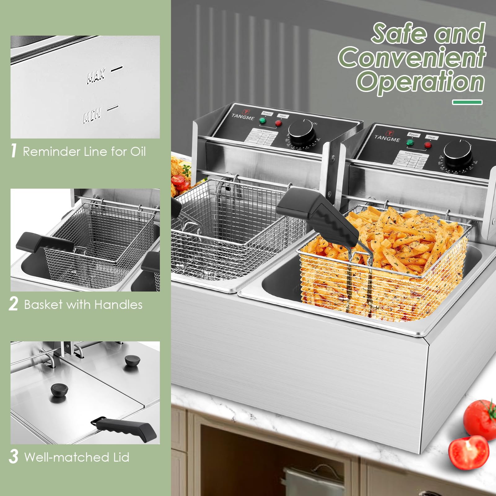 Commercial Deep Fryer, 3400W Electric Deep Fryers with 2x6.35QT Baskets Thickened Stainless Steel Countertop Oil Fryer 20.7QT Large Capacity with Lids Temperature Controller (12L) TANGME
