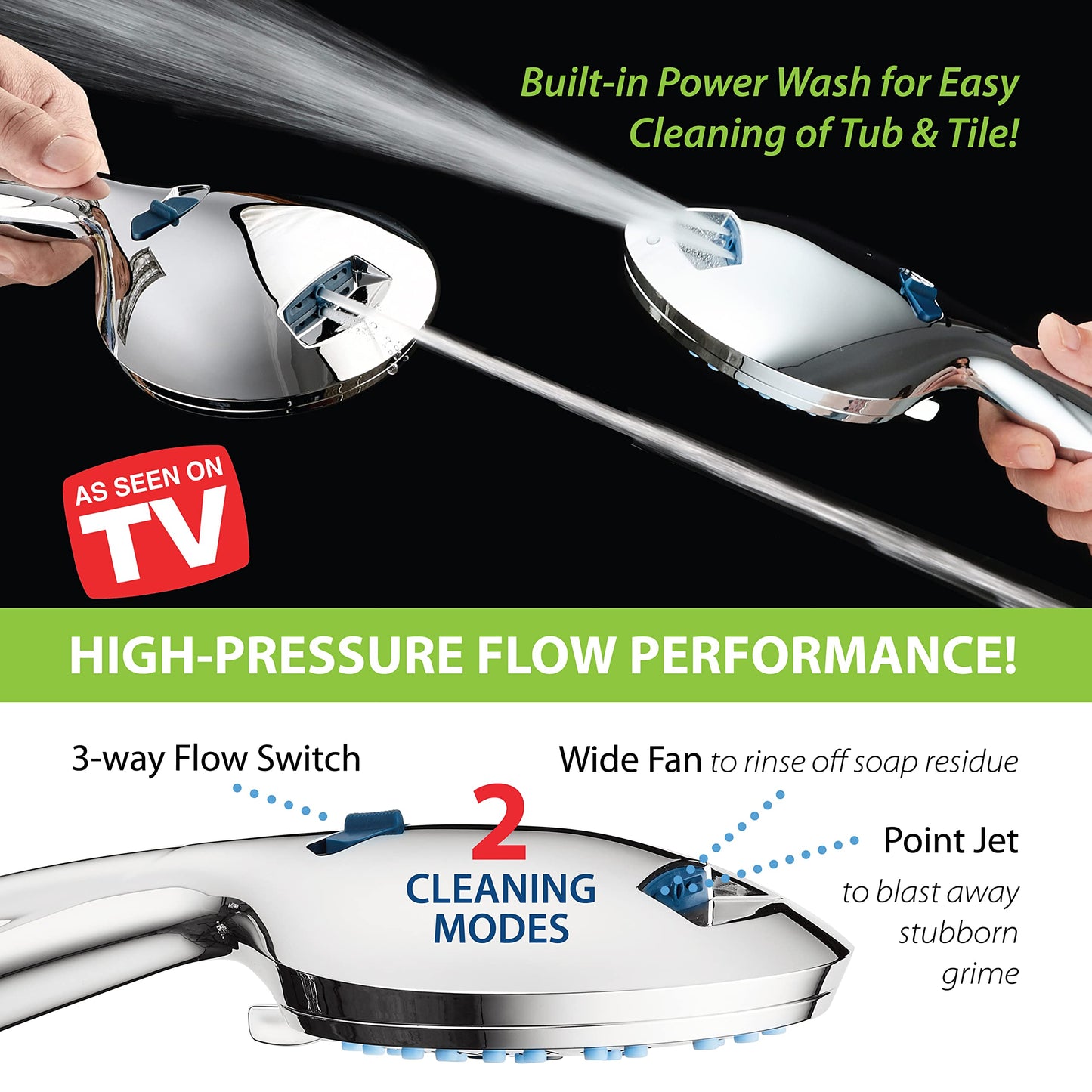 AquaCare High Pressure 8-mode Handheld Shower Head - Anti-clog Nozzles, Built-in Power Wash to Clean Tub, Tile & Pets, Extra Long 6 ft. Stainless Steel Hose, Wall & Overhead Brackets Hotel Spa