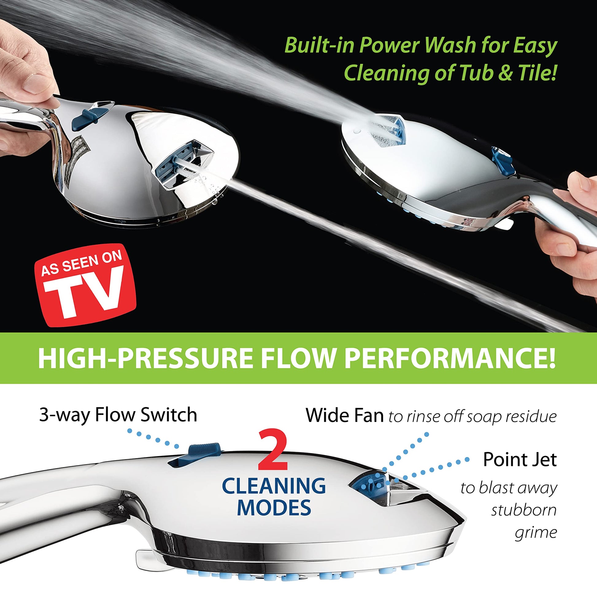 AquaCare High Pressure 8-mode Handheld Shower Head - Anti-clog Nozzles, Built-in Power Wash to Clean Tub, Tile & Pets, Extra Long 6 ft. Stainless Steel Hose, Wall & Overhead Brackets Hotel Spa