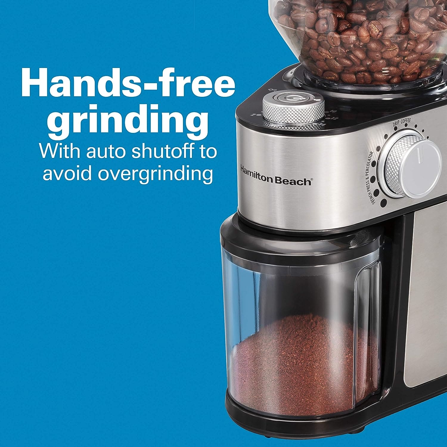 Hamilton Beach Electric Burr Coffee Grinder - Offers 18 grind settings from extra-fine to coarse with adjustable quantities from 2 to 14 cups of coffee. The large hopper holds 2 cups of whole coffee beans - 80385 Argos Distributors