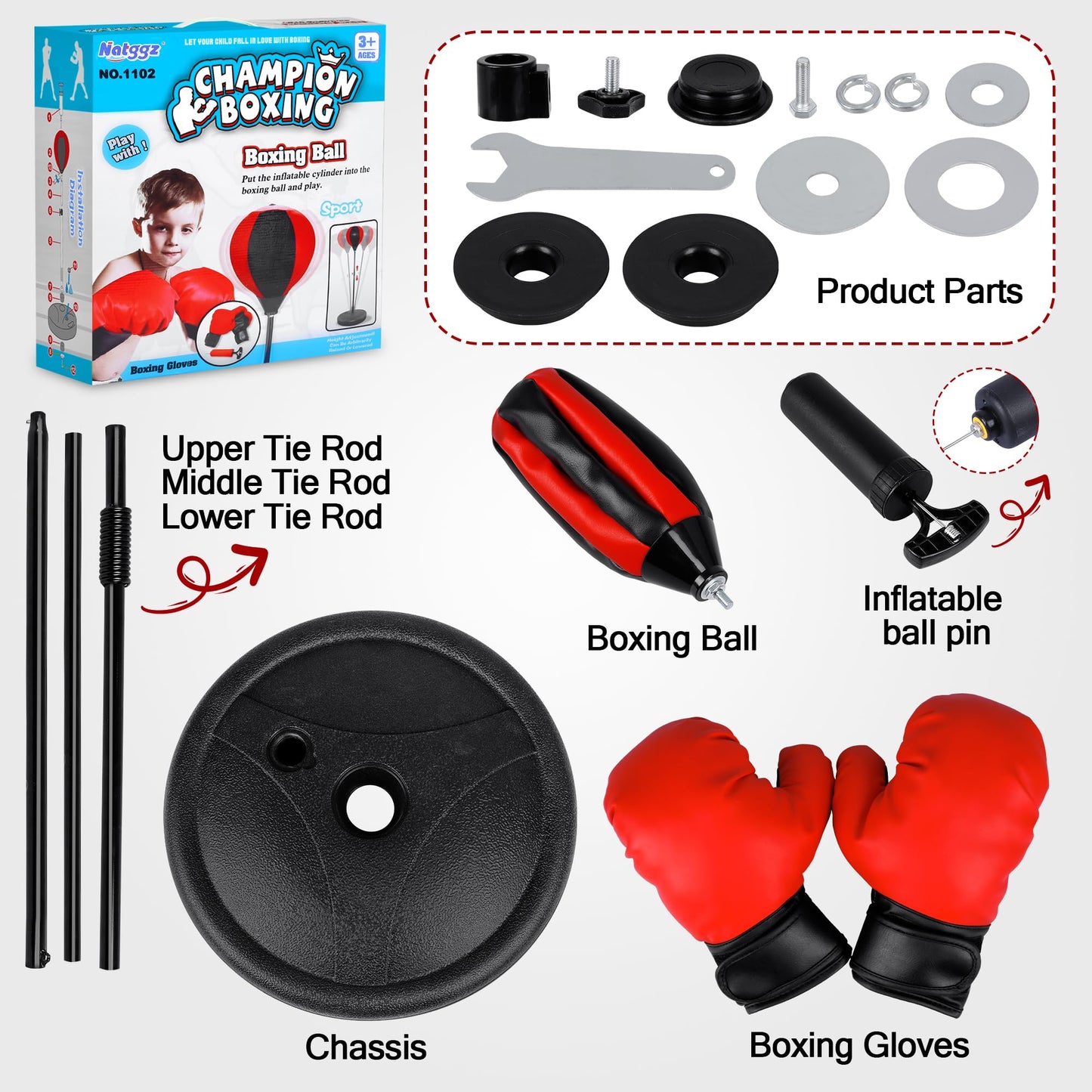 Height Adjustable Punching Bag Set for Kids Ages 3-8+ with Boxing Gloves, Ideal Birthday for Boys & Girls NATGGZ