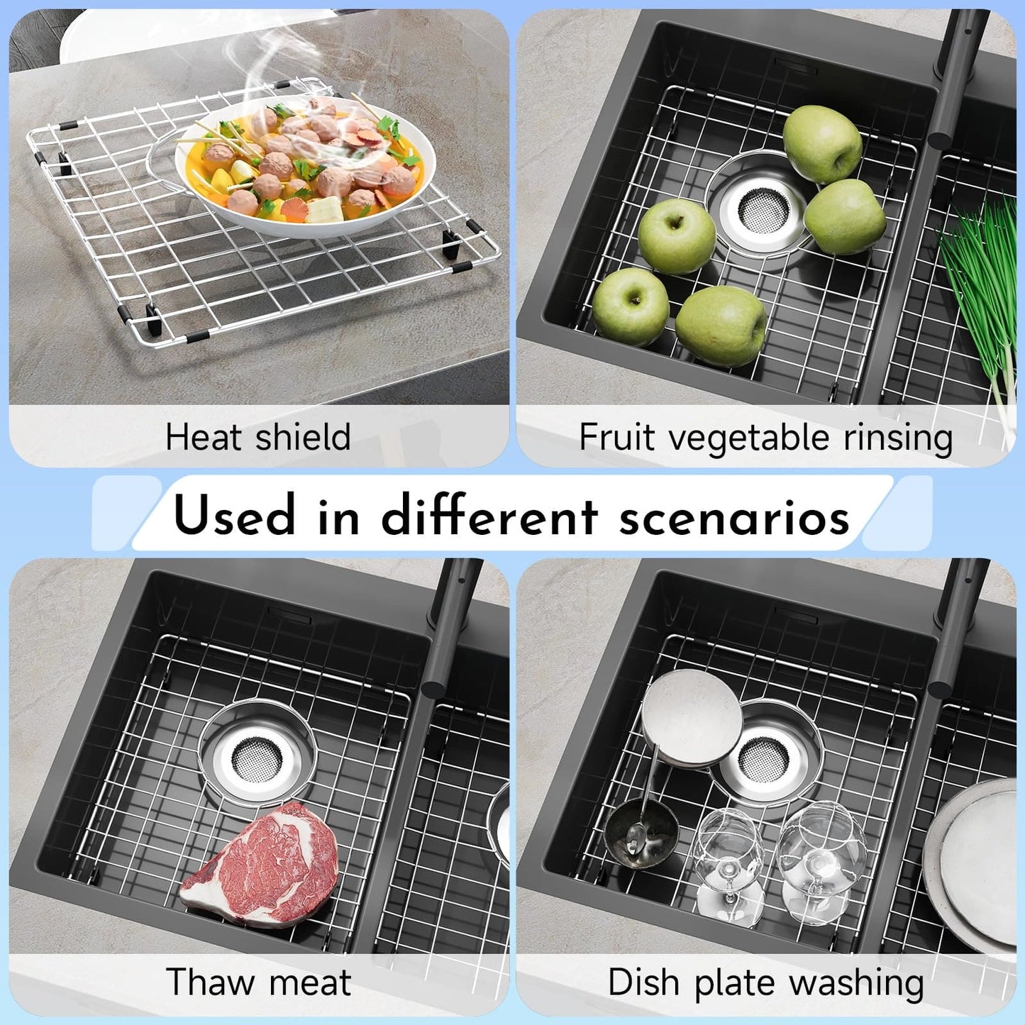 DPZM 2Pack 15" x 13" Stainless Steel Sink Protectors for Kitchen Sink, Sink Grate for Bottom of Kitchen Sink, Metal Sink Grates with Strainers, Rear Drain for Double Sink Protectors with Corner Radius DPZM