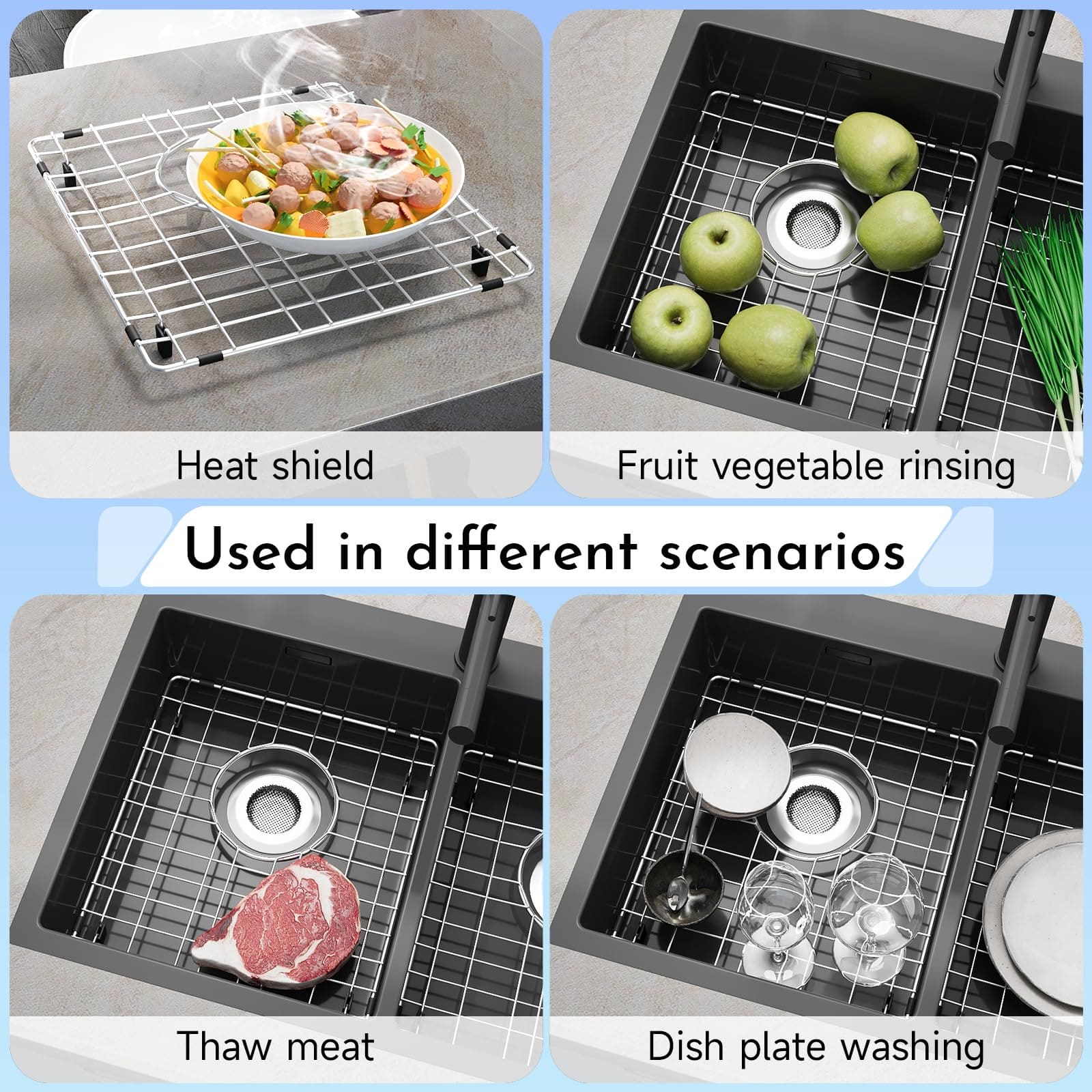 DPZM 2Pack 15" x 13" Stainless Steel Sink Protectors for Kitchen Sink, Sink Grate for Bottom of Kitchen Sink, Metal Sink Grates with Strainers, Rear Drain for Double Sink Protectors with Corner Radius DPZM