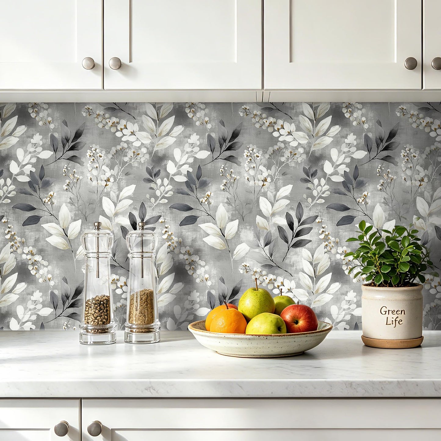 HelloWall Grey Botanical Wallpaper Peel and Stick Modern Farmhouse Wallpaper Gray Leaf French Grey White Flower Botanical Nature Minimalist Floral Watercolor Leaf Contact Paper Self Adhesive 17.5x80 HelloWall