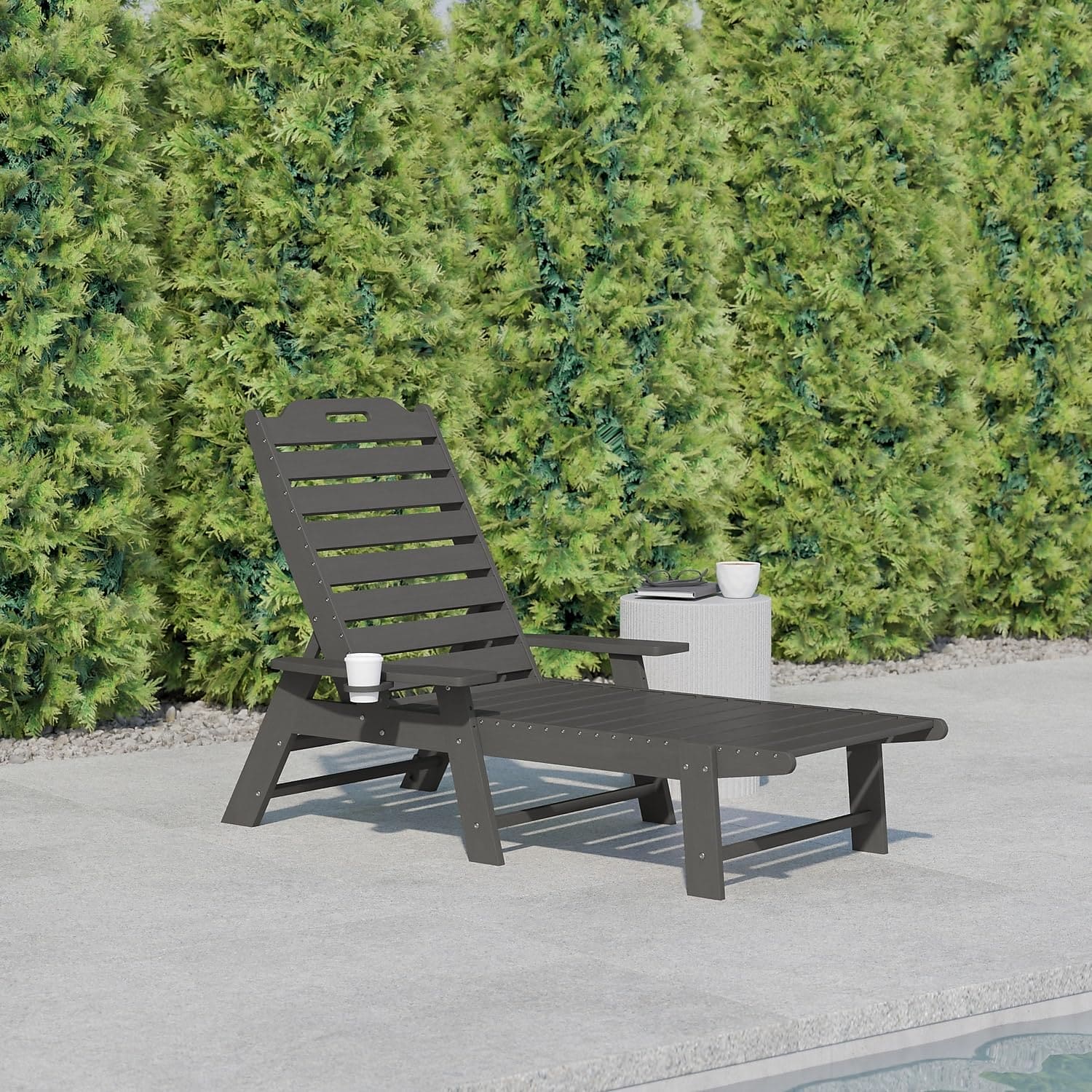 Flash Furniture Monterey Adjustable Adirondack Lounger with Cup Holder- All-Weather Indoor/Outdoor HDPE Lounge Chair, Gray ebuys