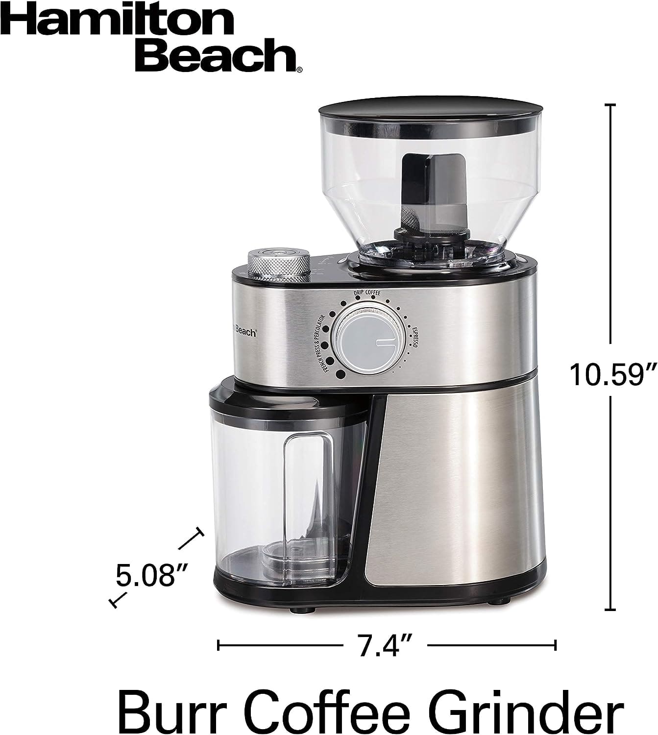 Hamilton Beach Electric Burr Coffee Grinder - Offers 18 grind settings from extra-fine to coarse with adjustable quantities from 2 to 14 cups of coffee. The large hopper holds 2 cups of whole coffee beans - 80385 Argos Distributors