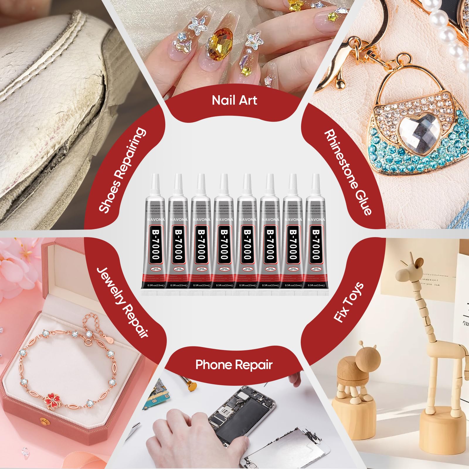 8 PCS 15ml B7000 Glue Clear with Precision Tip, Bedazzling Glue, Super Glues, Rhinestone Glue for Nail, Craft Glues, Jewelry Making, Nail Art, DIY, Makeup, Shoes Navona