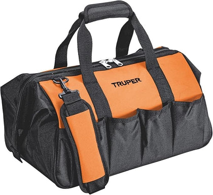 Truper Wide Mouth Tool Bag and Organizer for Home, Workshop, or Job Site, Non-slip Bottom with Pockets, Padded Handle, Adjustable Shoulder Strap 17103