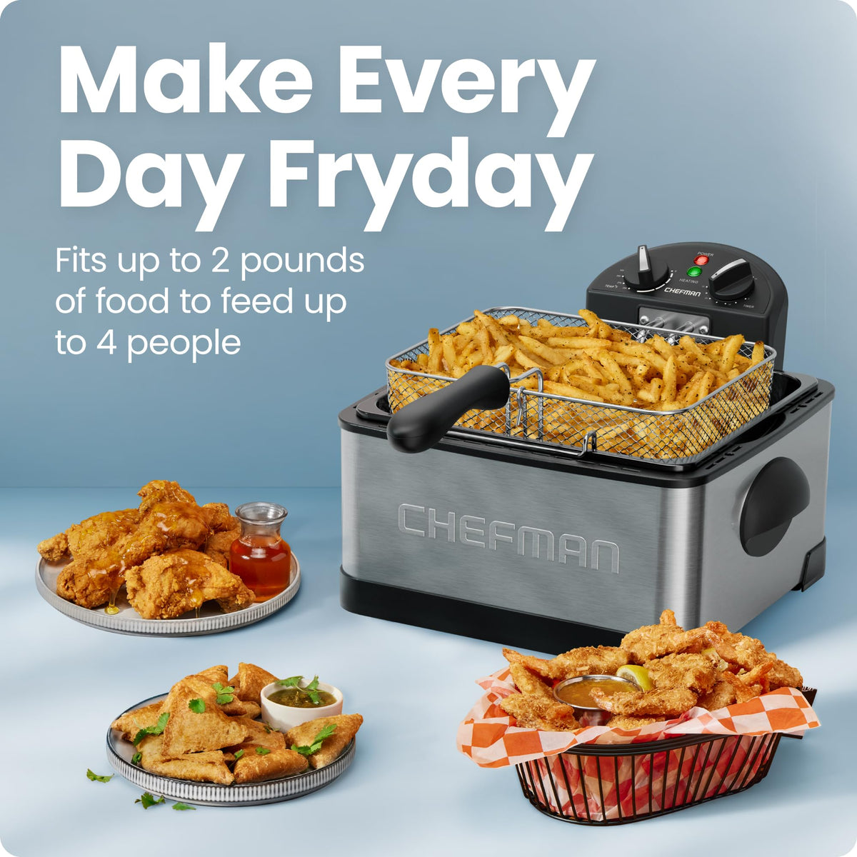 Chefman 4.5 Liter Deep Fryer w/Basket Strainer, XL Jumbo Size, Adjustable Temperature & Timer, Perfect for Fried Chicken, Shrimp, French Fries, Chips & More, Removable Oil-Container, Stainless Steel Chefman