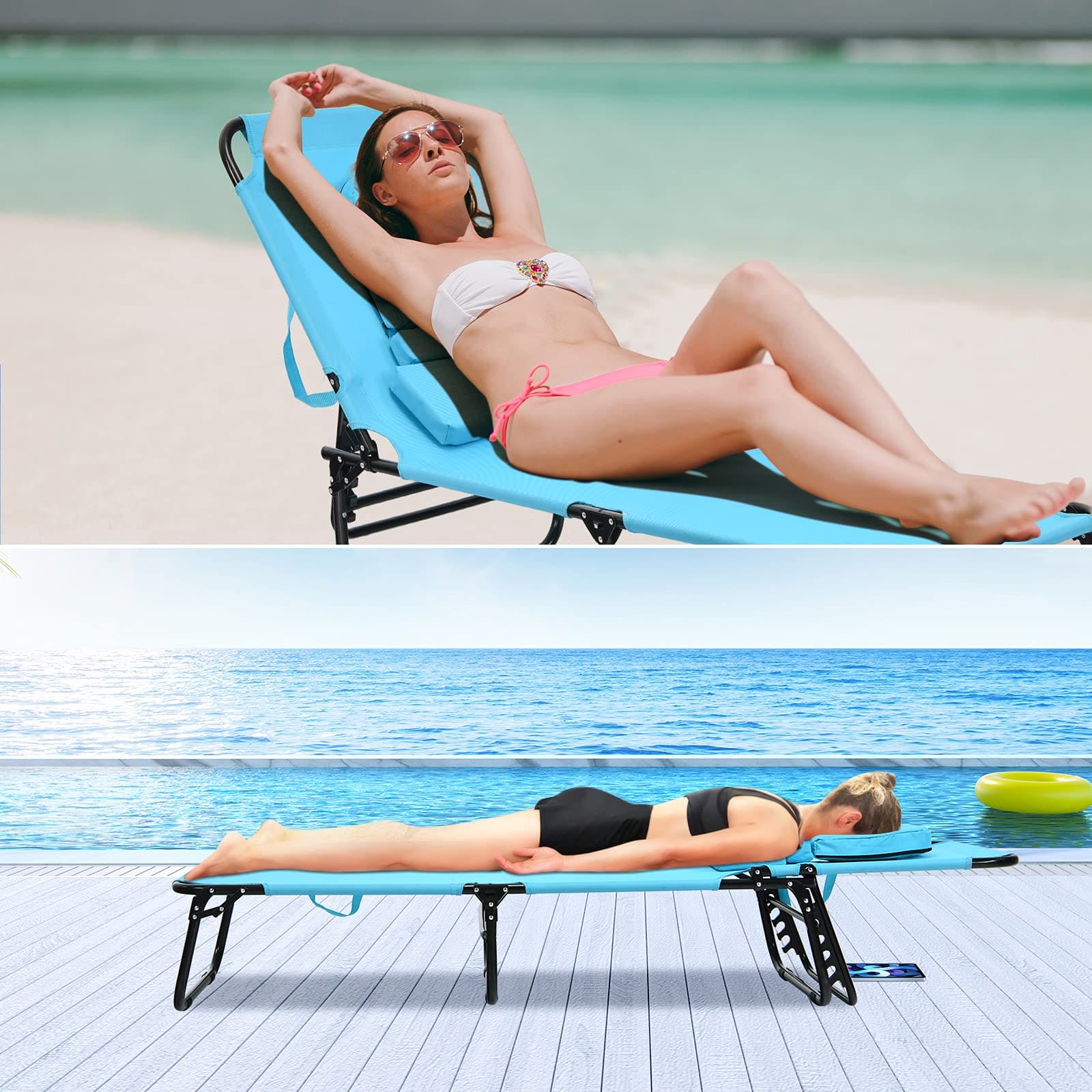 Giantex Outdoor Chaise Lounge Chair - Folding Beach Chair with 5 Adjustable Positions, Hole, Detachable Pillow, Hand Ropes, Lounger for Sunbathing, Poolside, Yard, Patio Lawn Chair ebuys
