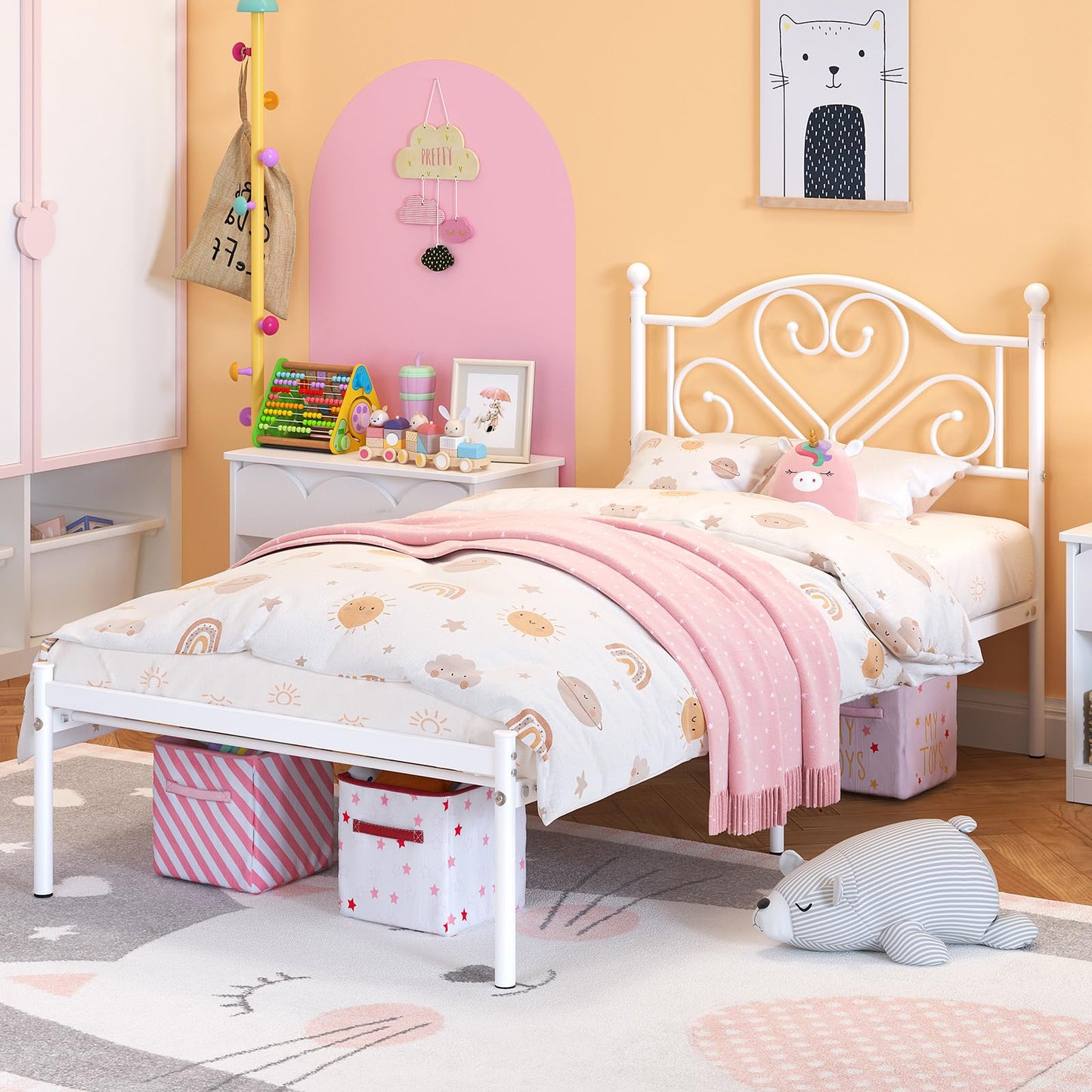 Weehom Twin Bed Frames with Headboard, Heavy Duty Metal Platform Under Bed Storage Space Easy Assembly for Kids Girls Adults White