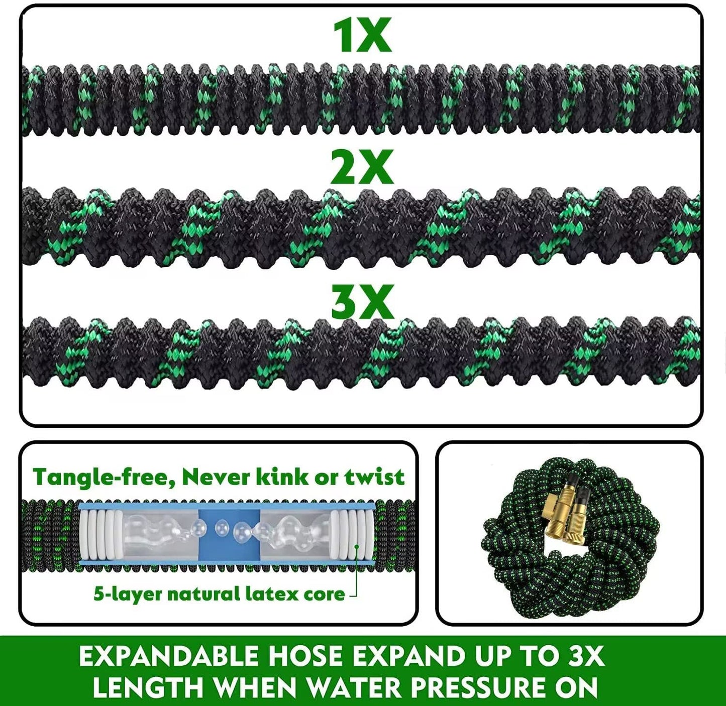 100 FT Expandable Garden Hose -with 10 Patterns Nozzle, No Kink Lightweight Flexible Hose with 3/4" Solid Fittings and 4-Layer Latex Core - 100 ft Retractable Stretch Car Washing Pipe Artistan
