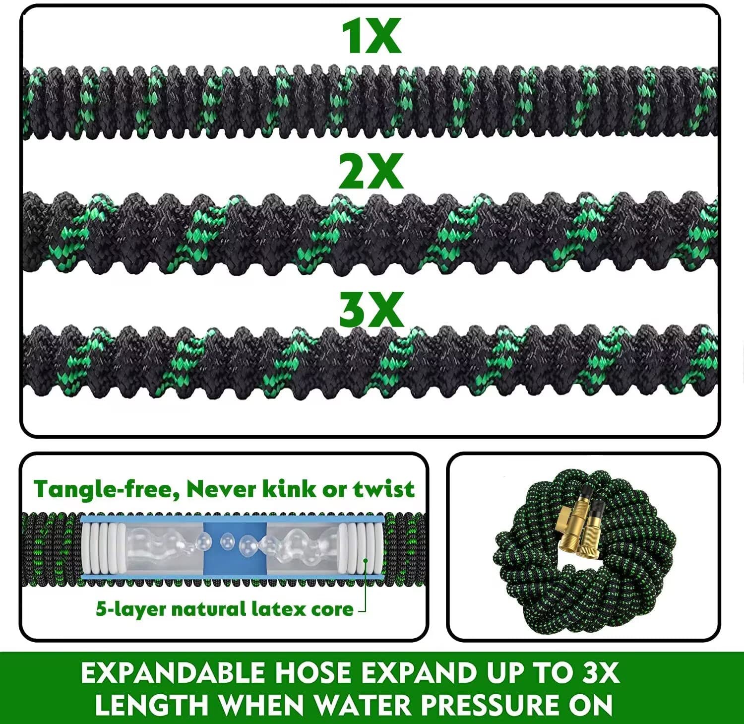 100 FT Expandable Garden Hose -with 10 Patterns Nozzle, No Kink Lightweight Flexible Hose with 3/4" Solid Fittings and 4-Layer Latex Core - 100 ft Retractable Stretch Car Washing Pipe Artistan