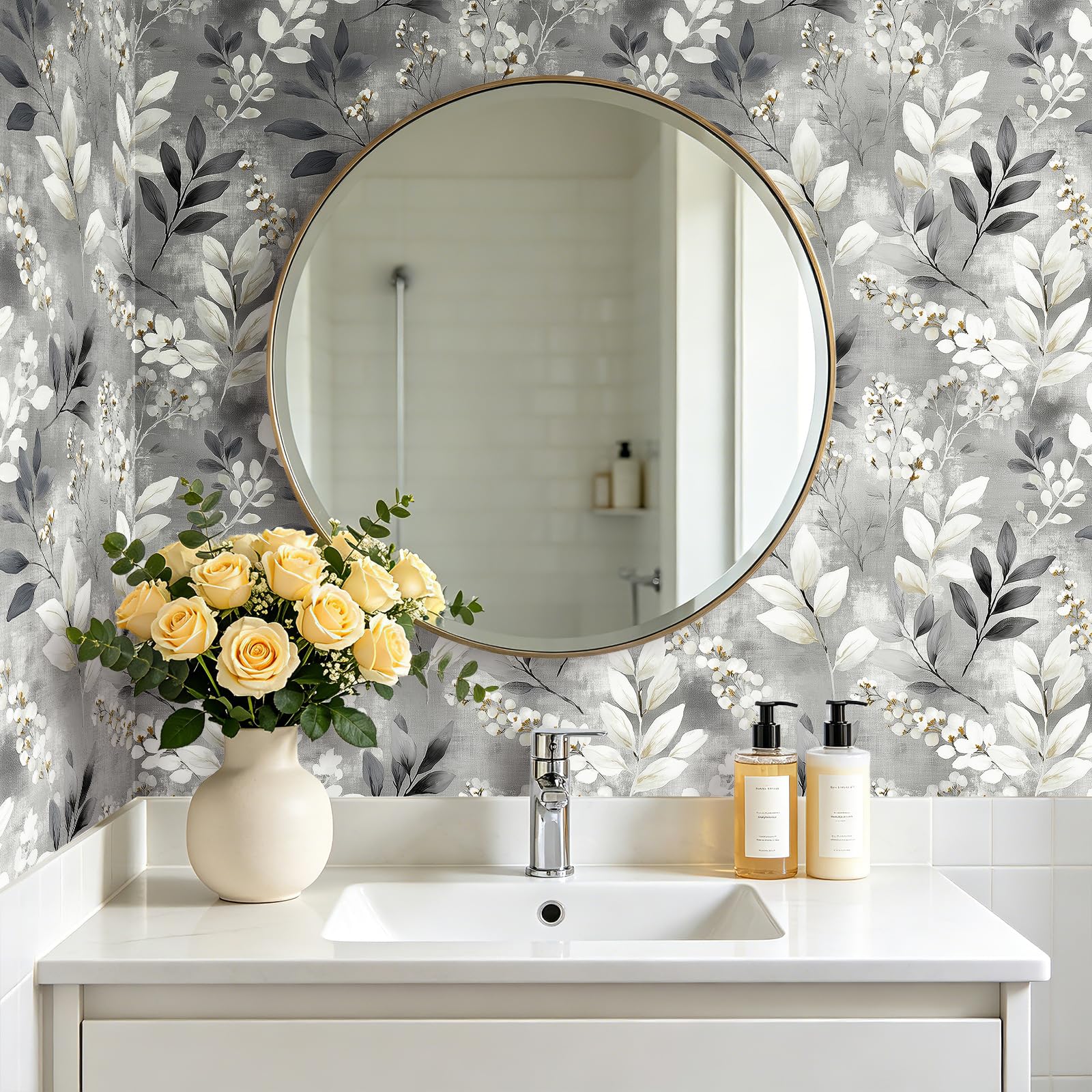 HelloWall Grey Botanical Wallpaper Peel and Stick Modern Farmhouse Wallpaper Gray Leaf French Grey White Flower Botanical Nature Minimalist Floral Watercolor Leaf Contact Paper Self Adhesive 17.5x80 HelloWall