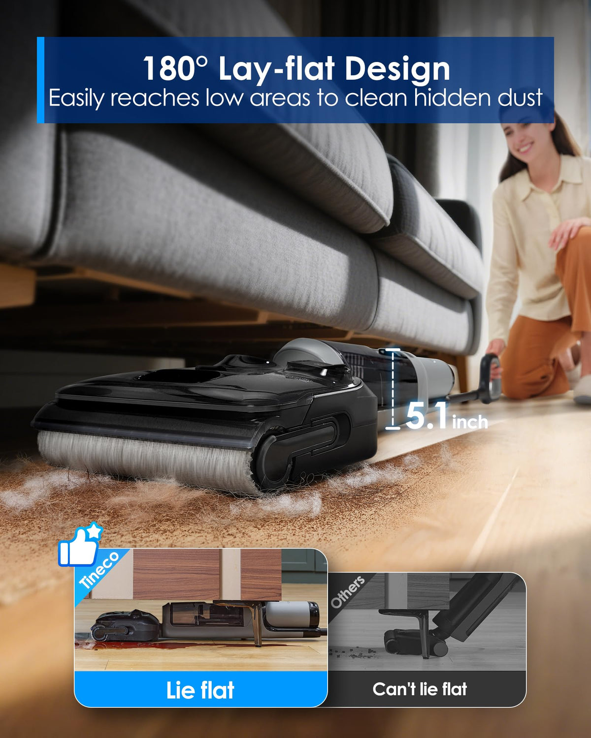 Tineco Floor ONE i5 Stretch Wet Dry Vacuum Cleaner, Vacuum & Mop in One Step, 20kpa Powerful Suction, 180° Lay-Flat Design, Anti-Tangle Design, Dual-Sided Edge Cleaning, Up to 30* Minutes Runtime Tineco